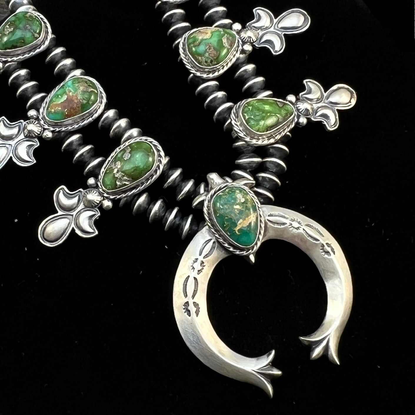 Sonoran Gold Green Turquoise Small Squash Blossom Necklace, Adrienne Gordon Navajo 3