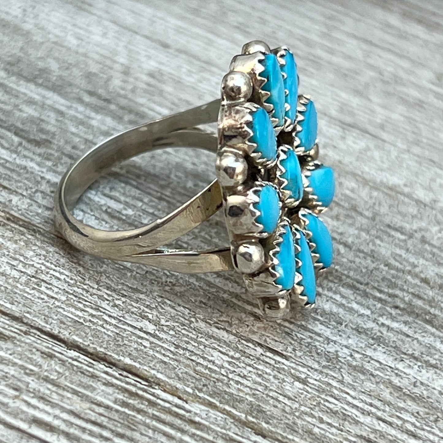 Size 7.5 Blue Turquoise Round Cluster Ring Navajo handmade Sterling Silver Alicia Wilson