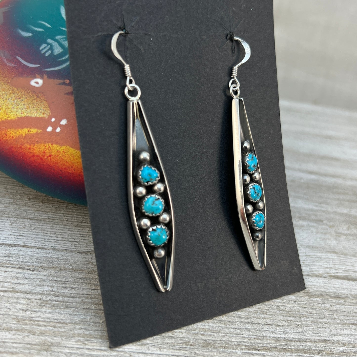 7/8" Blue Turquoise Earrings Navajo handmade by Paul Largo sterling silver 2
