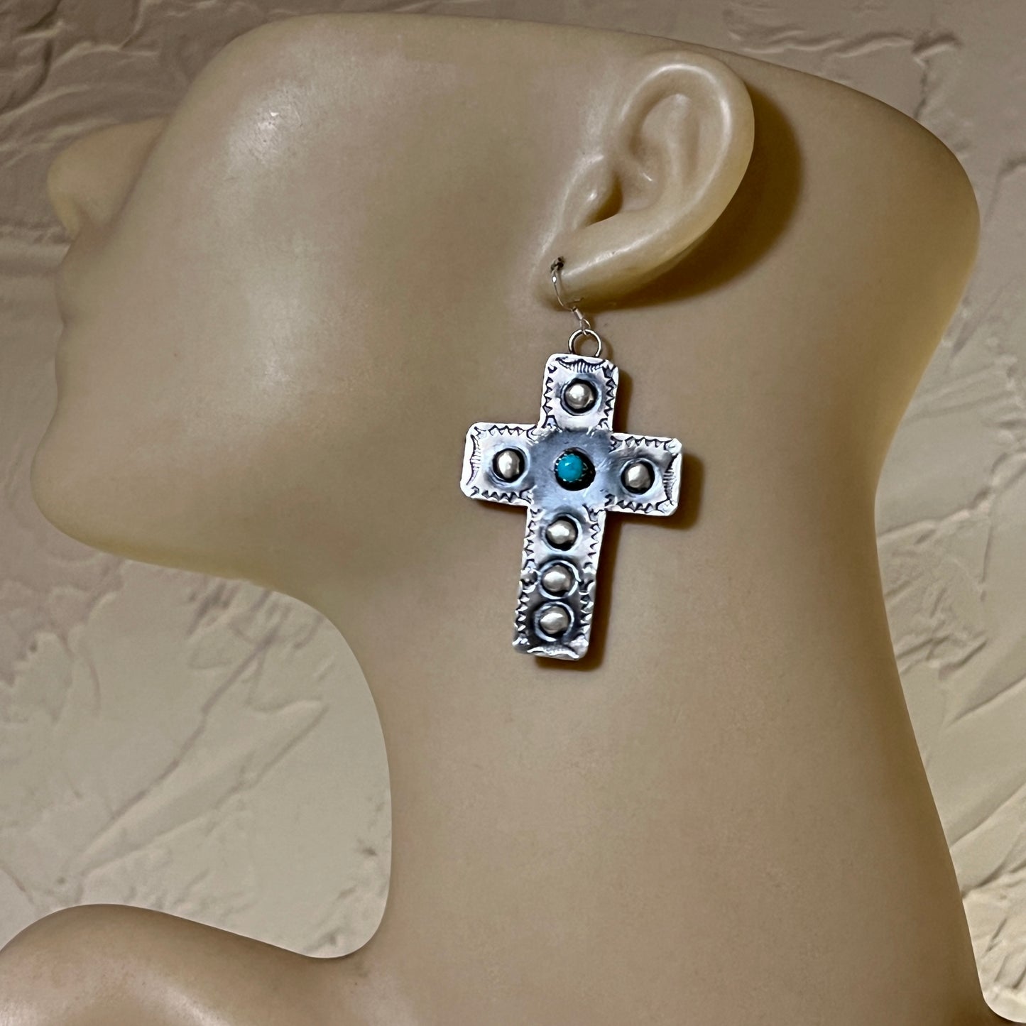 Navajo handmade large cross dangle earrings sterling silver turquoise Tim Yazzie 396