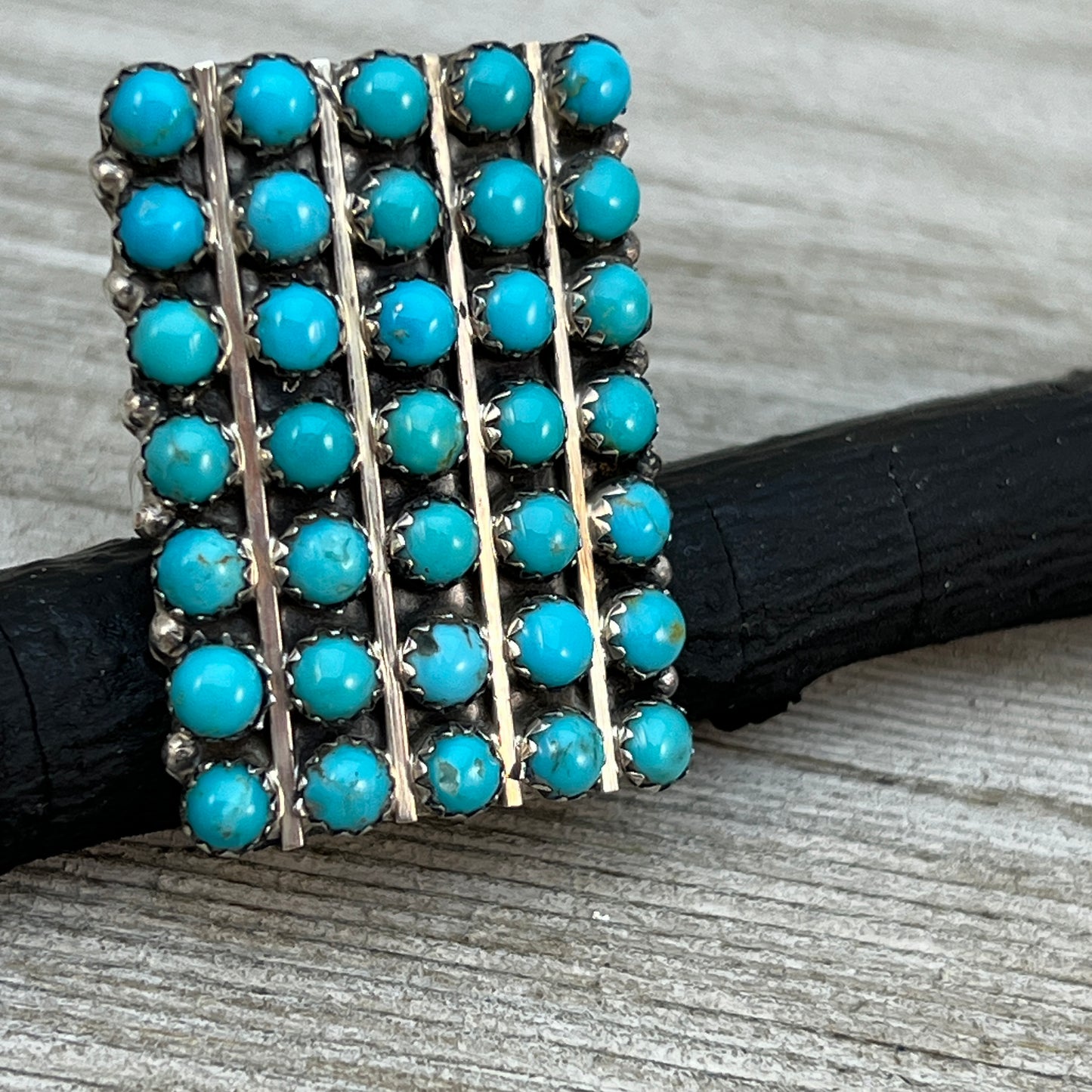 Size 7.75 Turquoise Zuni Snake Eye Dot Row Ring Kenny Lonjose Sterling Silver signed