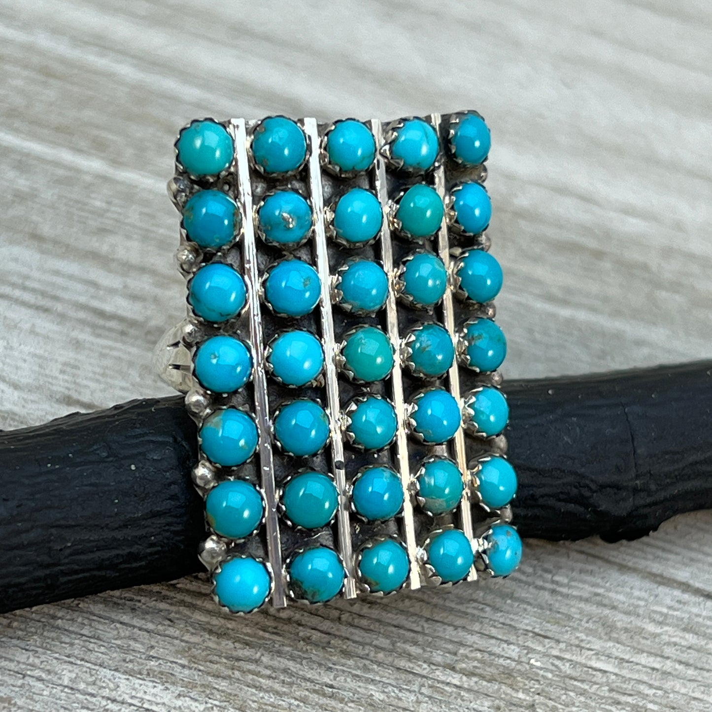 Size 9 Turquoise Zuni Snake Eye Dot Row Ring Kenny Lonjose Sterling Silver