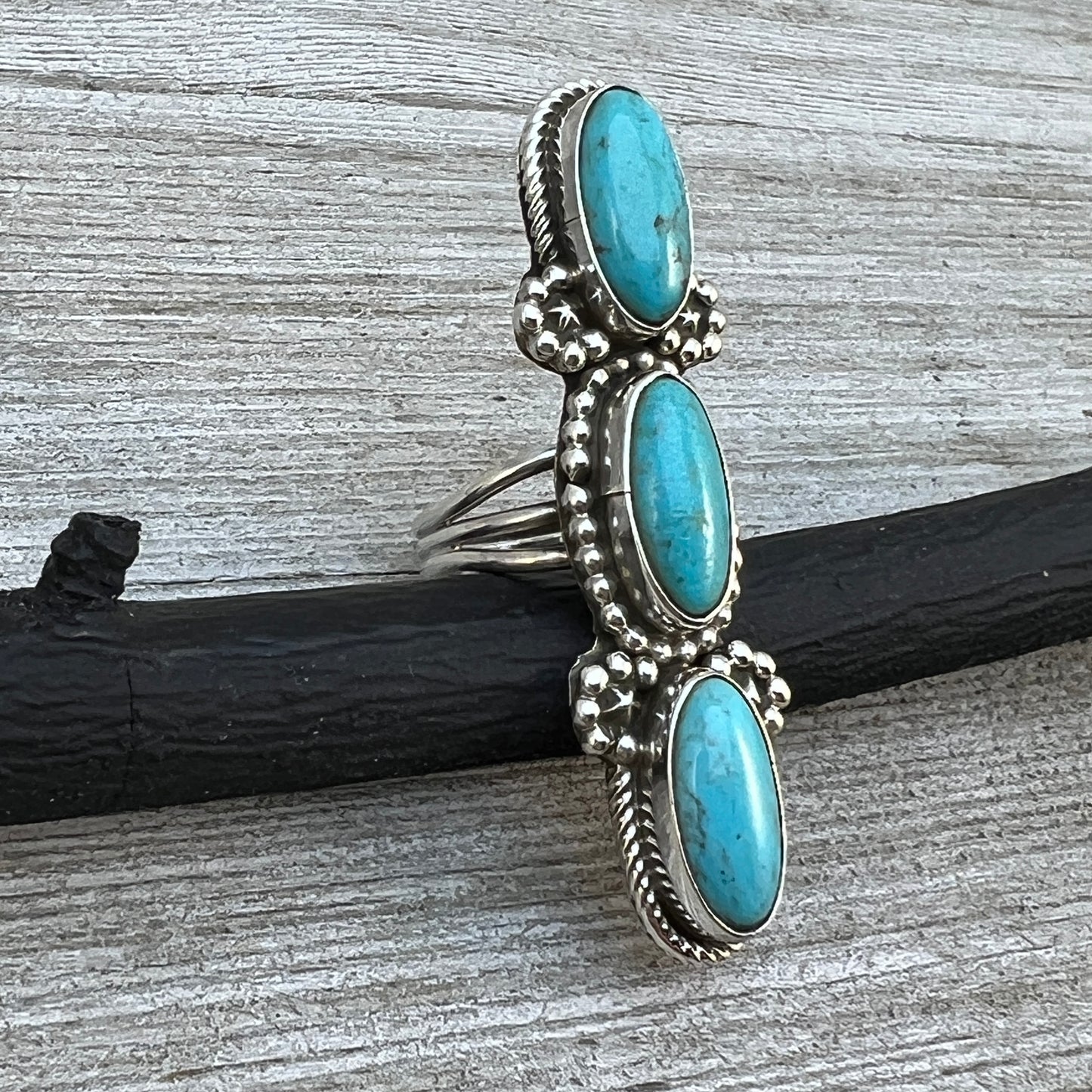 Size 6 Blue Campitos turquoise sterling silver long pointer ring Harold Becenti 491