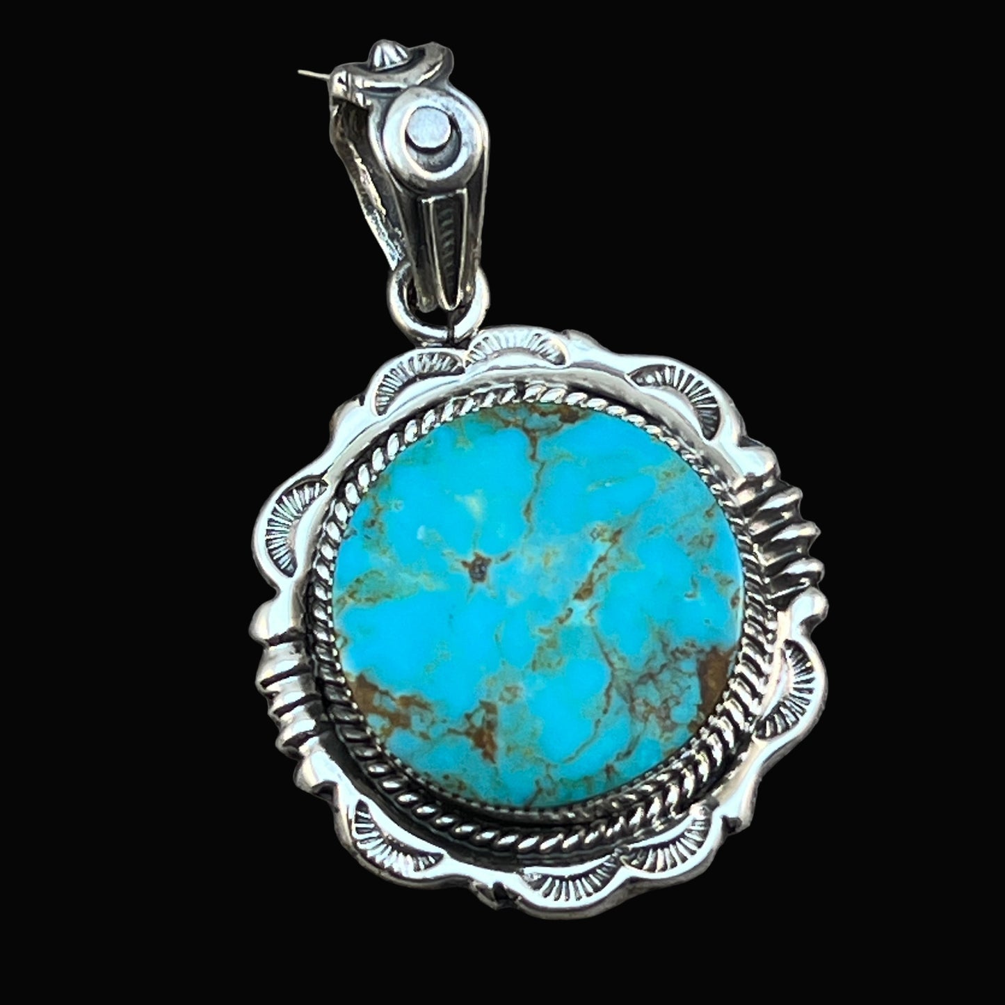 Kingman Turquoise Pendant Sterling silver Navajo handmade Jeremy Delgarito 557