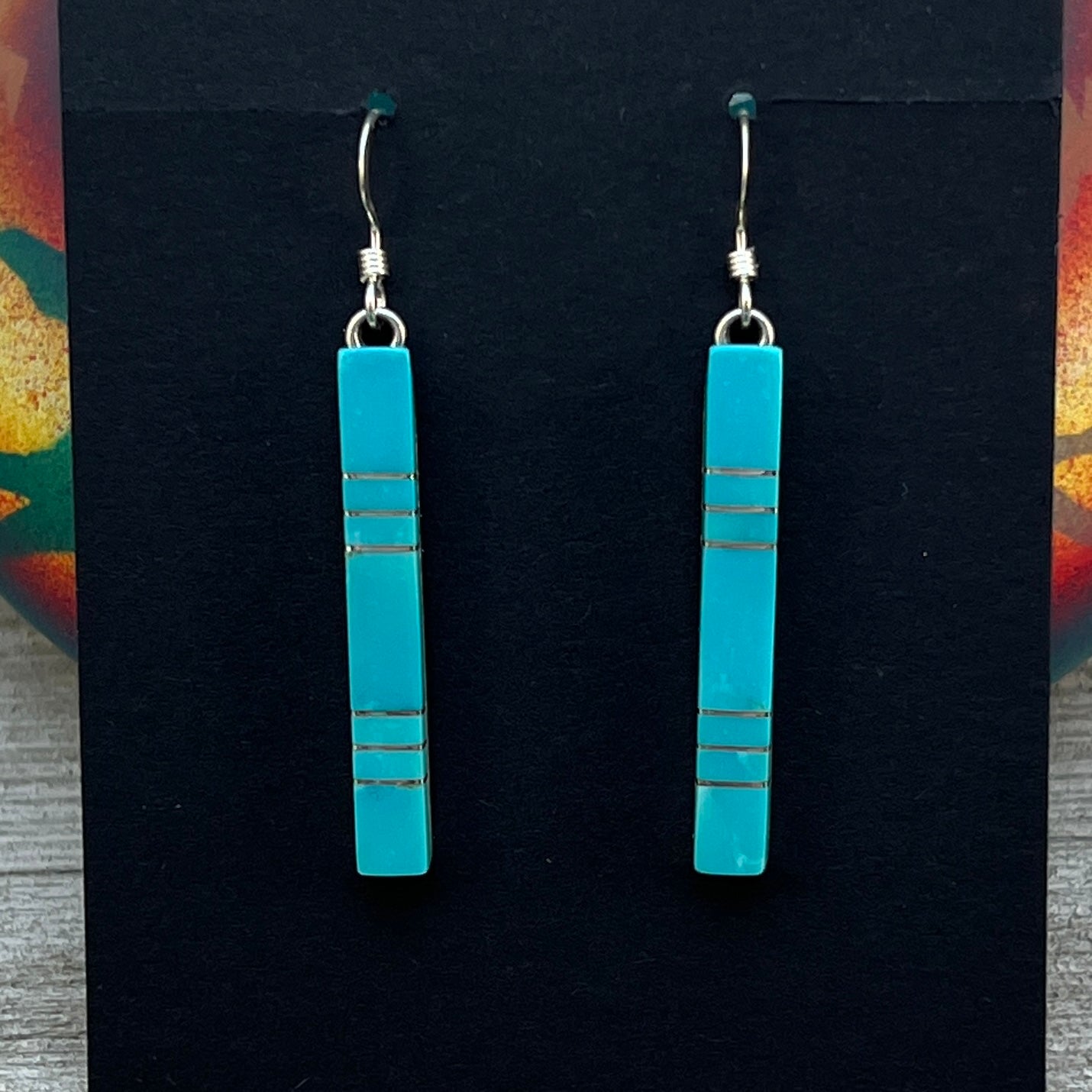 Modern Blue Turquoise inlay bar dangle earrings 4 sterling silver Zuni MaDerral Kallestewa