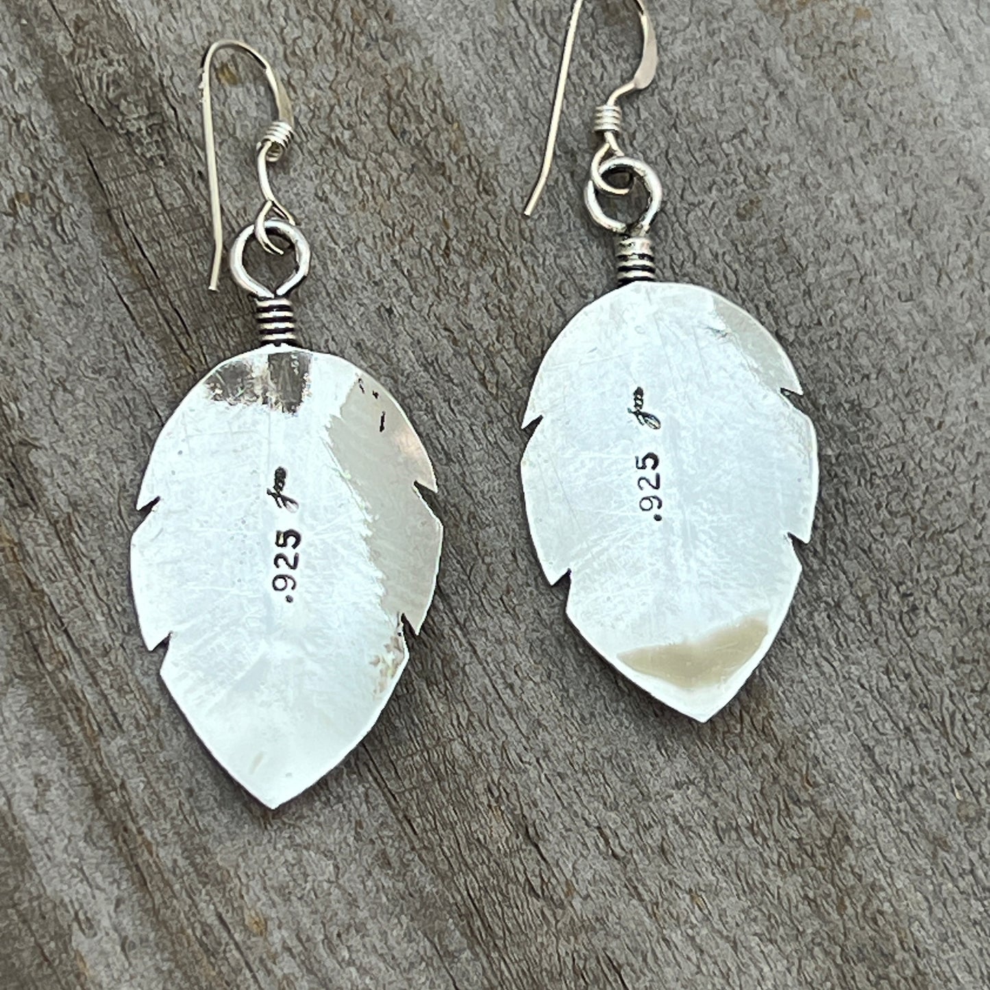 Sterling Silver handmade hand stamped Feather Earrings Sterling Silver Joe Mace 634