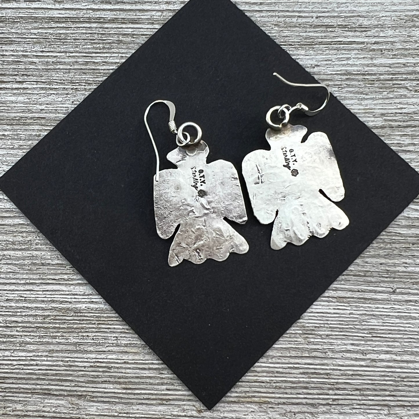 Lightweight rustic Thunderbird dangle earrings turquoise sterling silver Gabrielle Yazzie 4