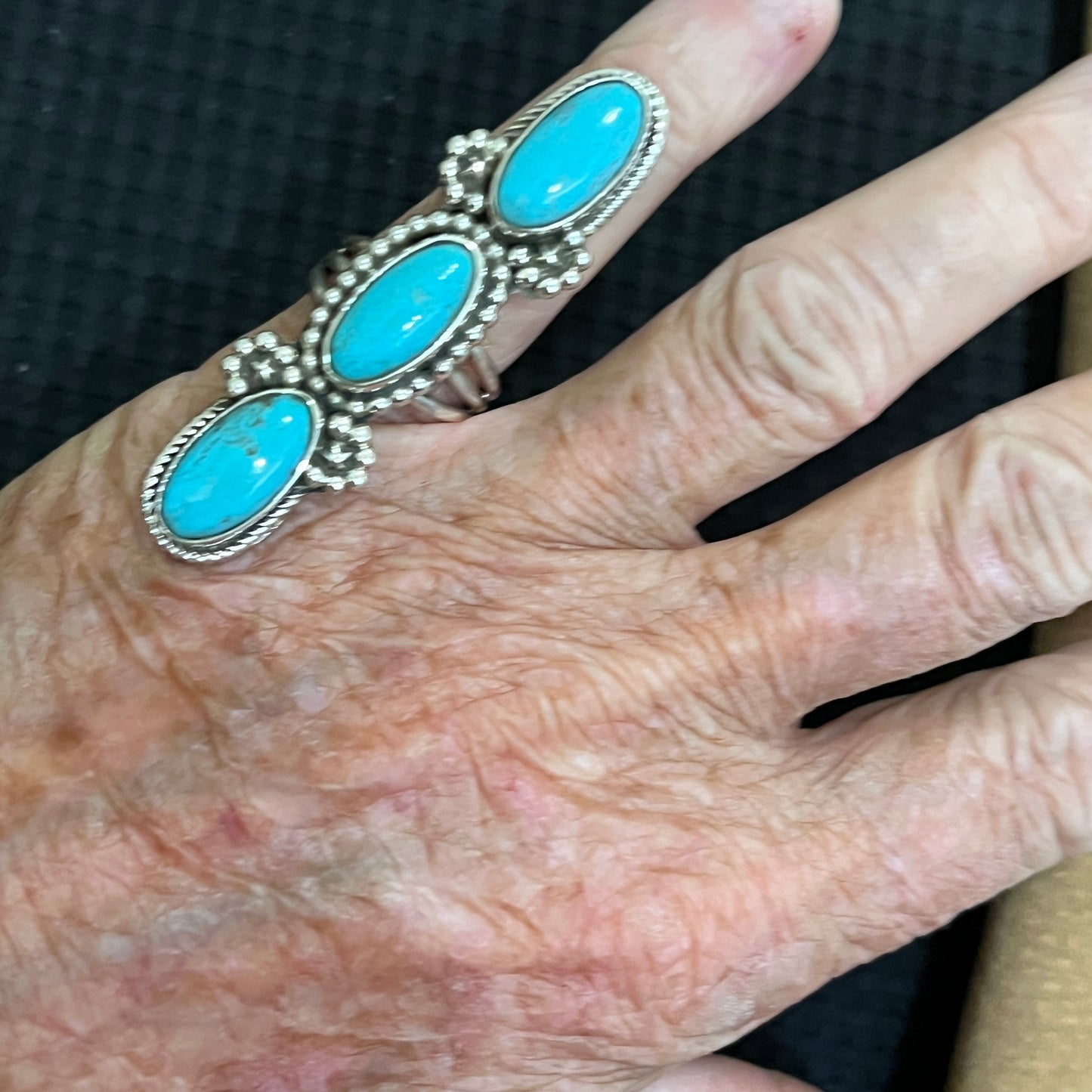 Size 6 Blue Campitos turquoise sterling silver long pointer ring Harold Becenti 491