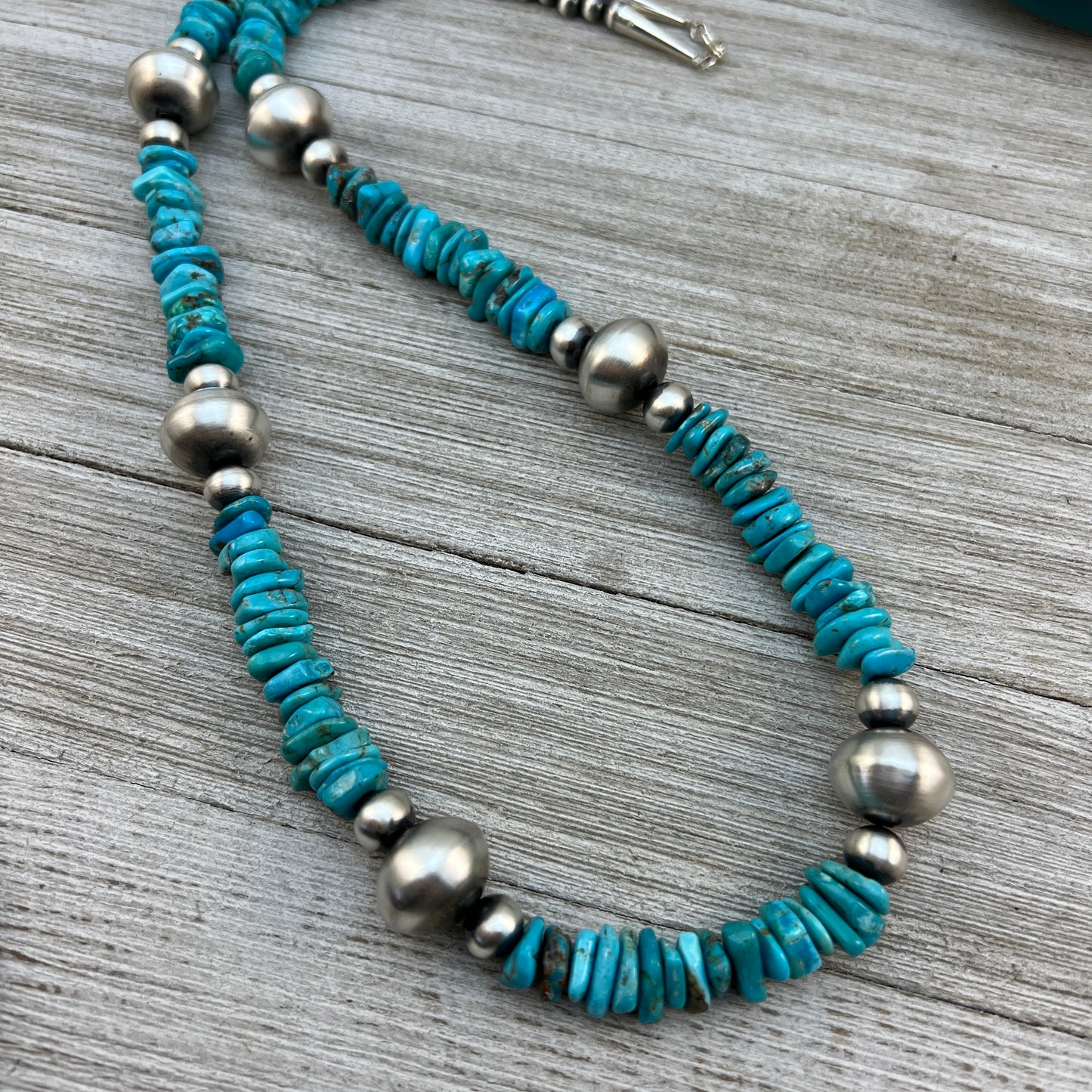 29” long blue turquoise bead nuggets necklace #2, sterling silver handmade Navajo pearls