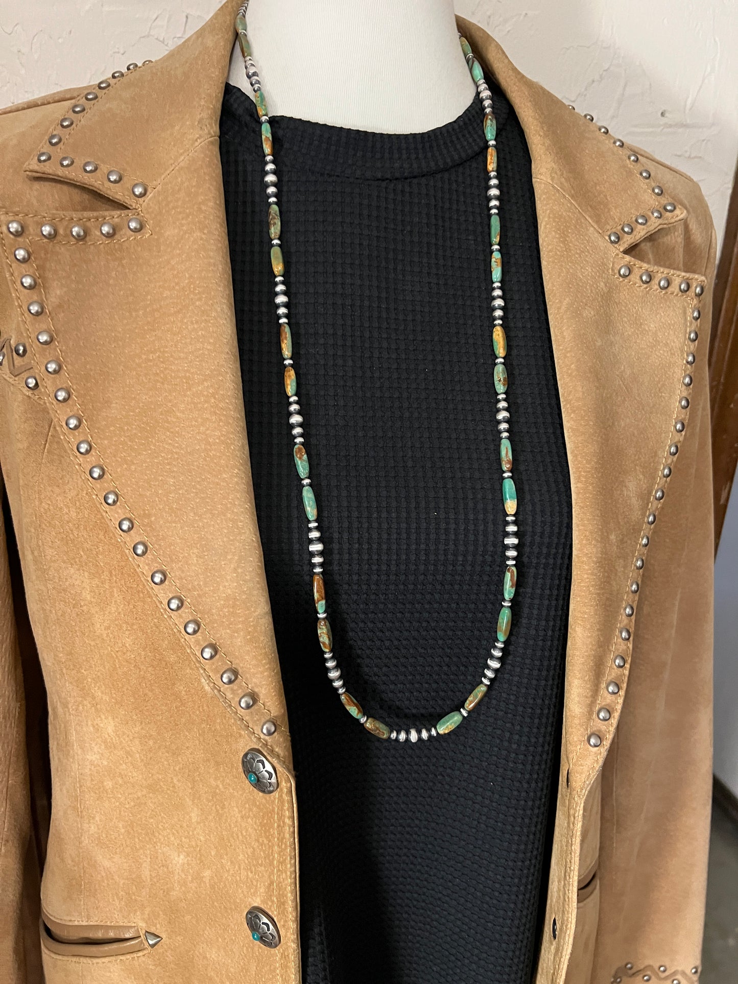 Royston Turquoise Bead Necklace oxidized Sterling Silver 36" long Boho Jewelry
