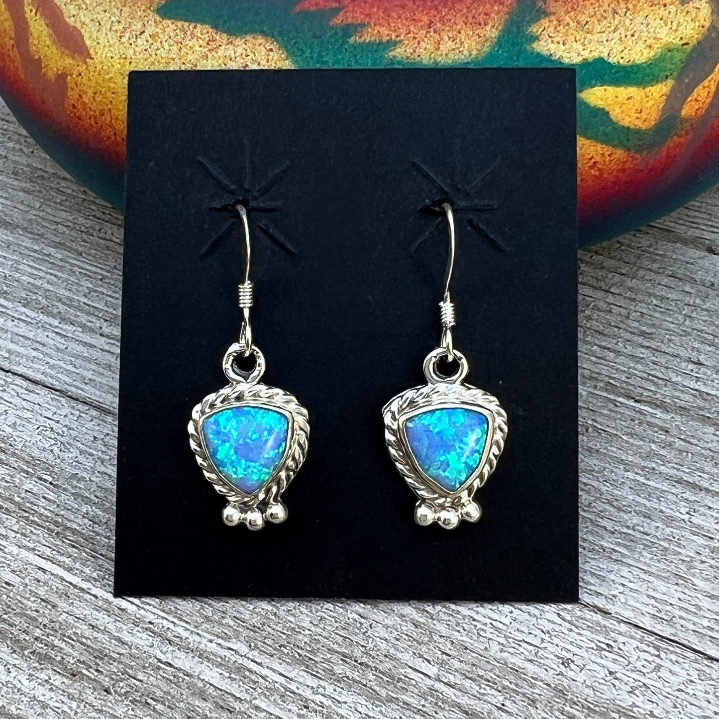 Blue Opal trillion Dangle earrings, small handmade Sterling Silver