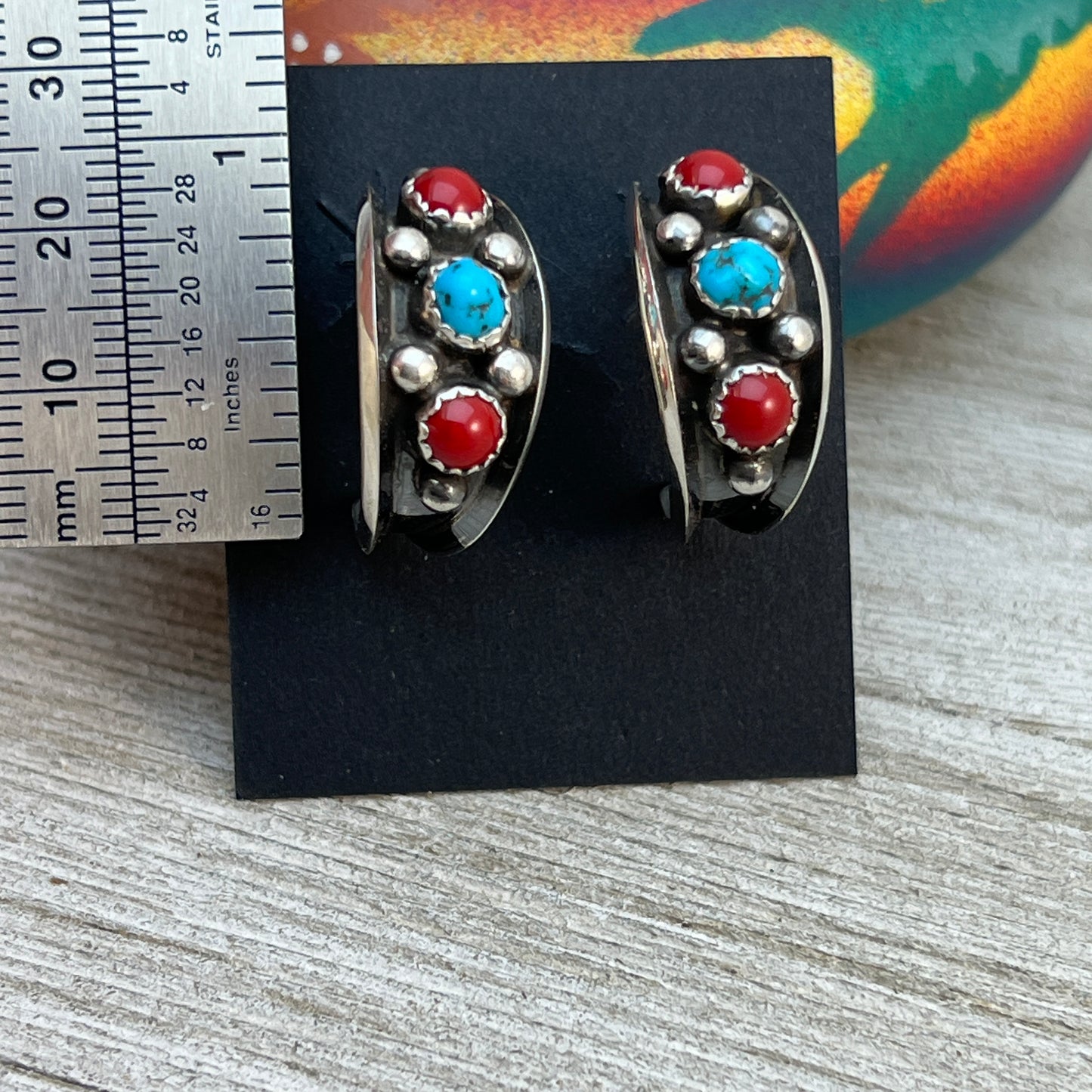 7/8" Turquoise Red Coral Hoop Earrings Navajo handmade by Paul Largo sterling silver 1