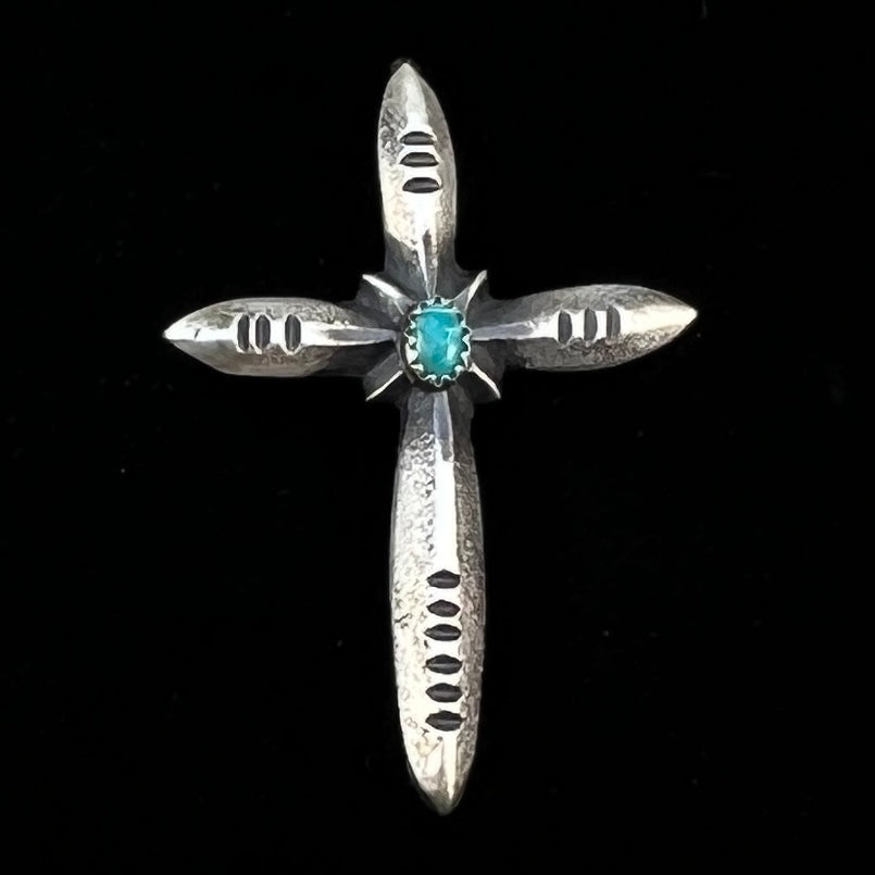 Narrow Turquoise Cross Pendant Sterling Silver Navajo handmade Martha Cayatineto