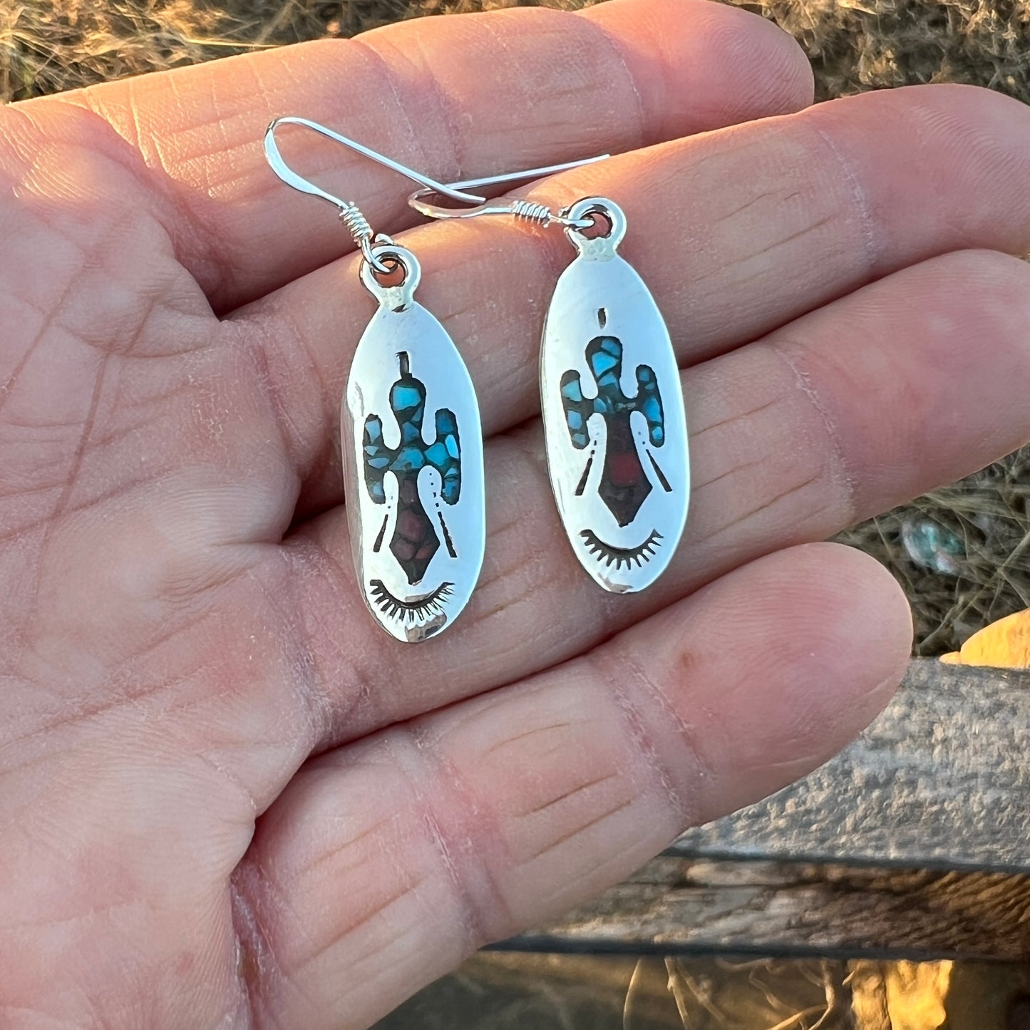 Turquoise Chip inlay Peyote bird small lightweight dangle earrings Sterling silver Sally Shurley