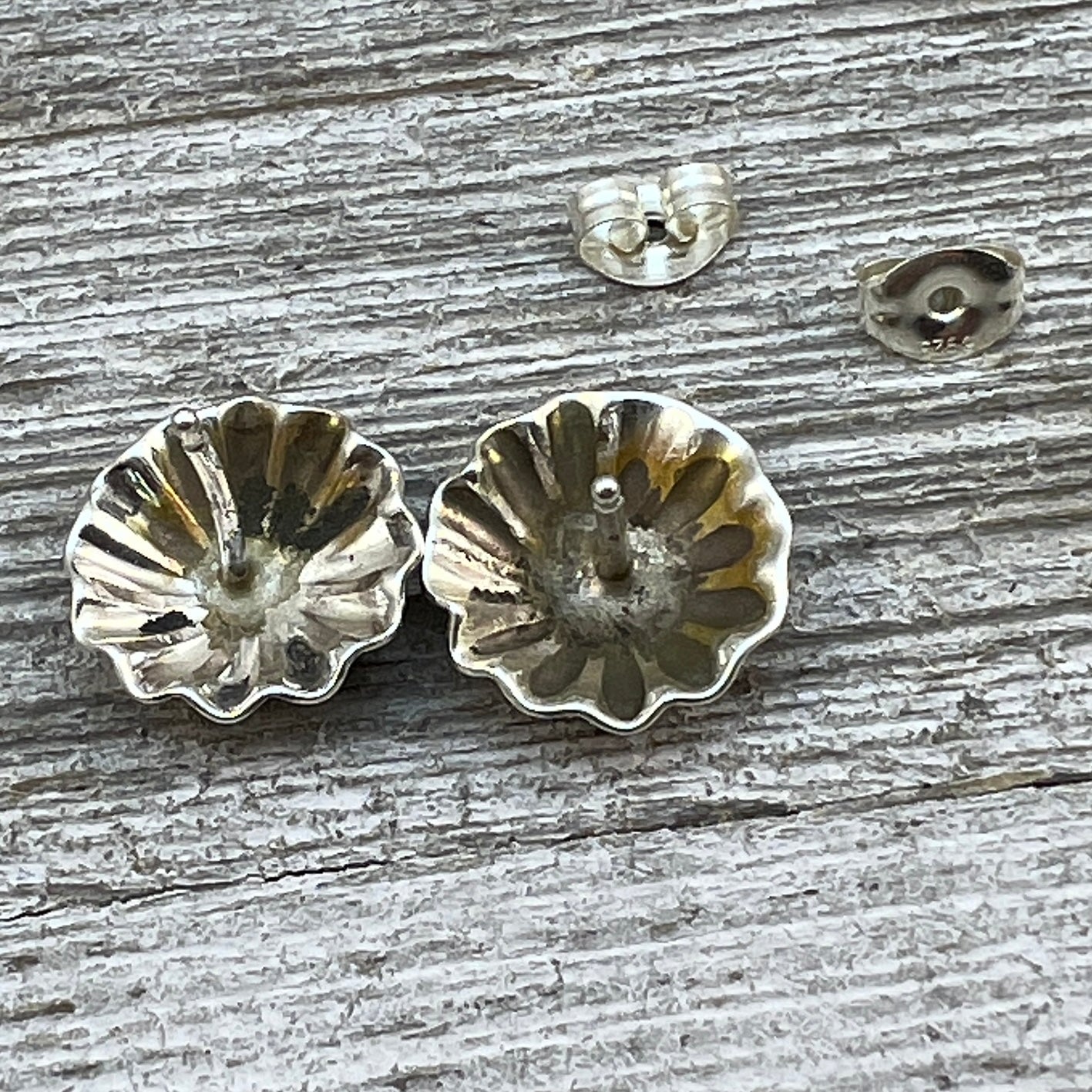 Lightweight small Corrugated hand stamped concho earrings Sterling silver Sally Shurley