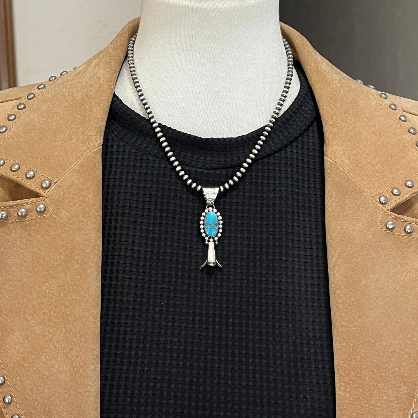Kingman Turquoise Squash Blossom Pendant Navajo Marie Jones sterling silver