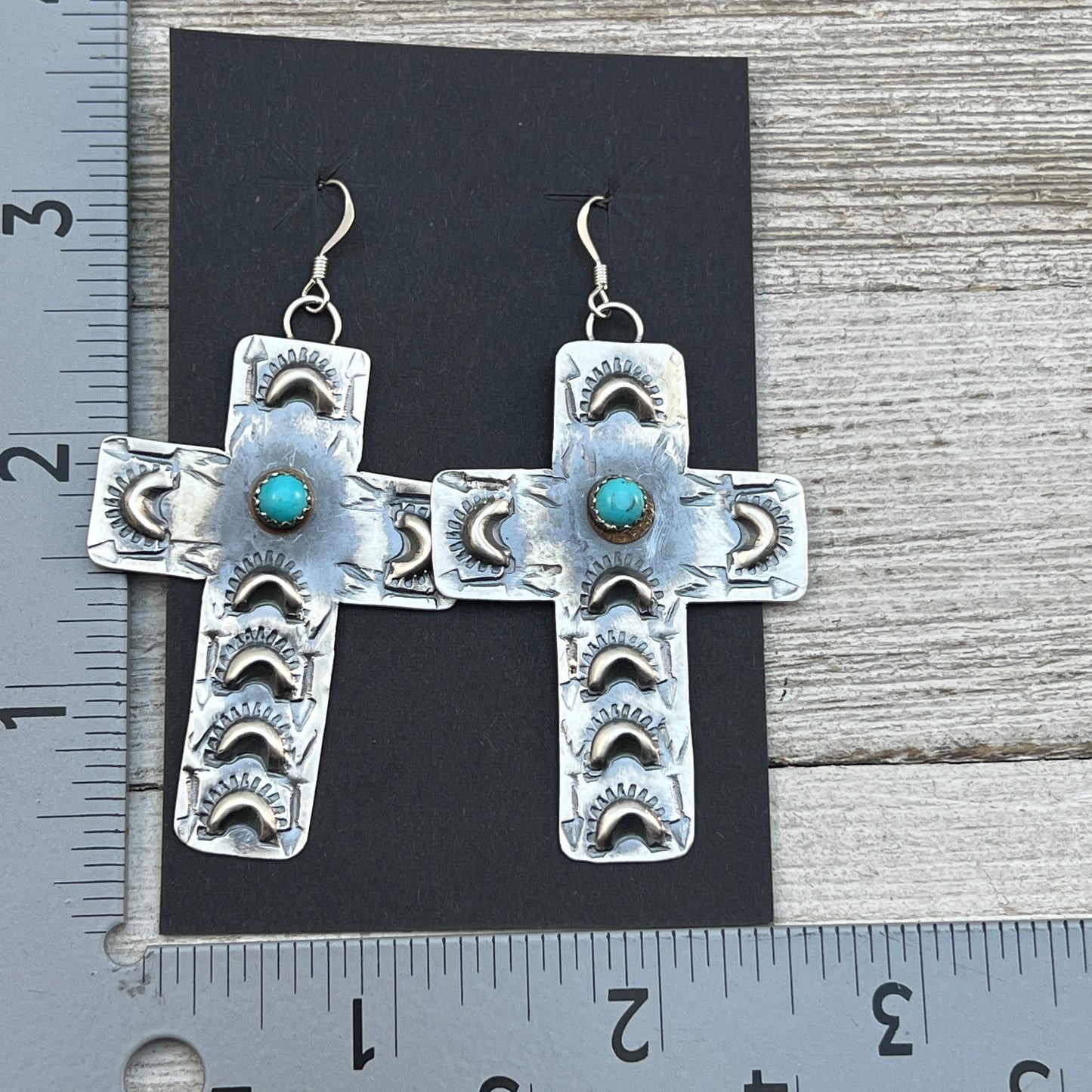 Navajo handmade large cross dangle earrings sterling silver turquoise Tim Yazzie 395