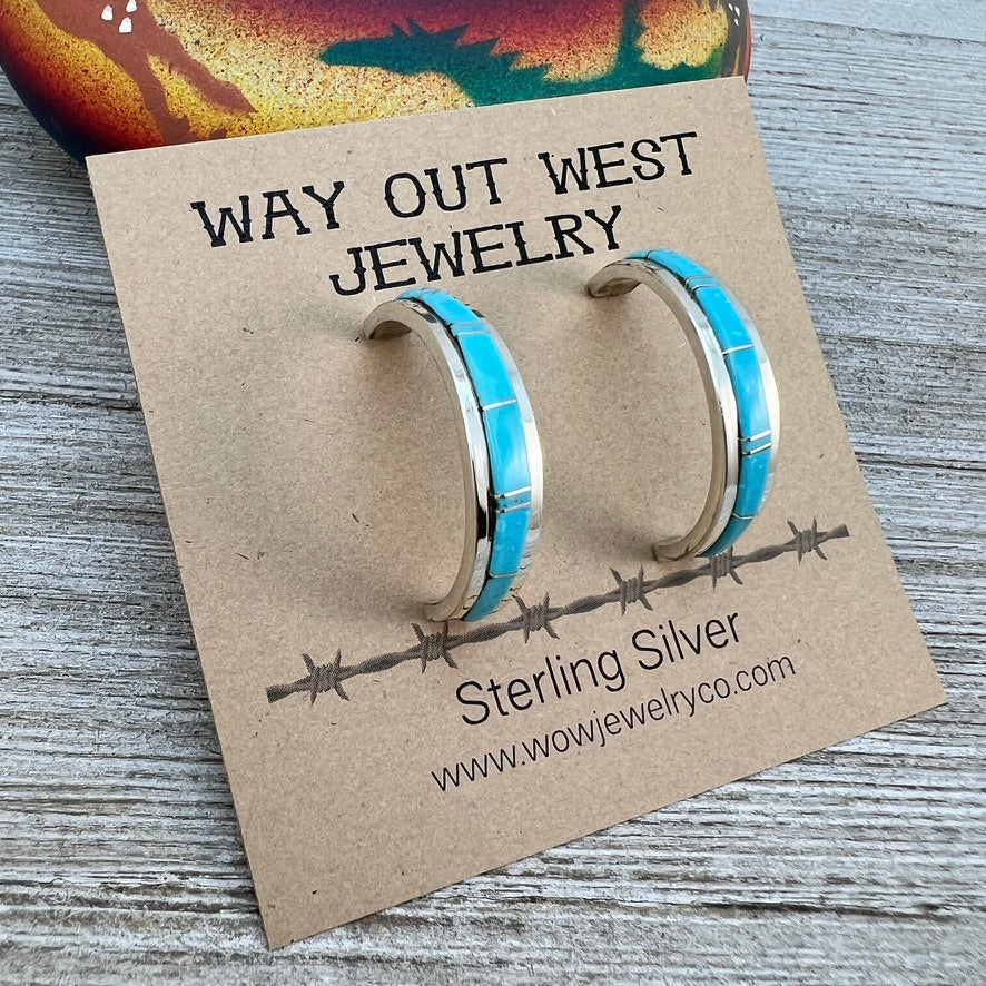 1 1/8" Turquoise inlay Hoop Earrings Navajo handmade by Wilbert Muskett signed, sterling silver