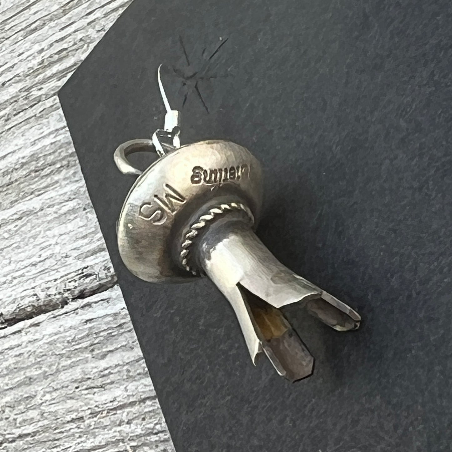 Small lightweight all silver squash blossom dangle earrings Sterling silver Monica Smith