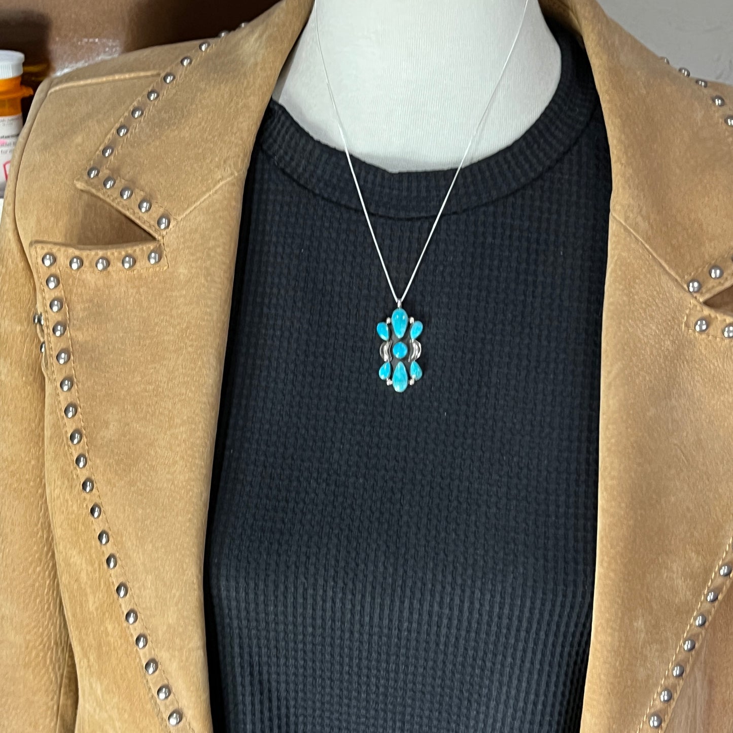 18" blue turquoise cluster necklace pendant Sterling silver Navajo handmade Marie Bahe 5