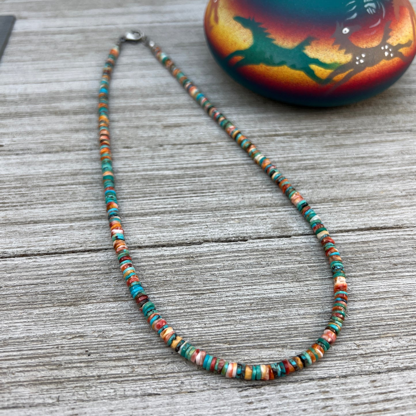 17", 4mm heishi necklace choker, turquoise red orange spiny oyster shell boho necklace 101B