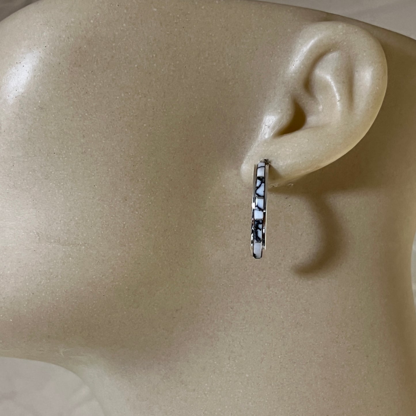 Small thin White Buffalo 1" lightweight hoop earrings Sterling silver Nathaniel Cynthia Johnson
