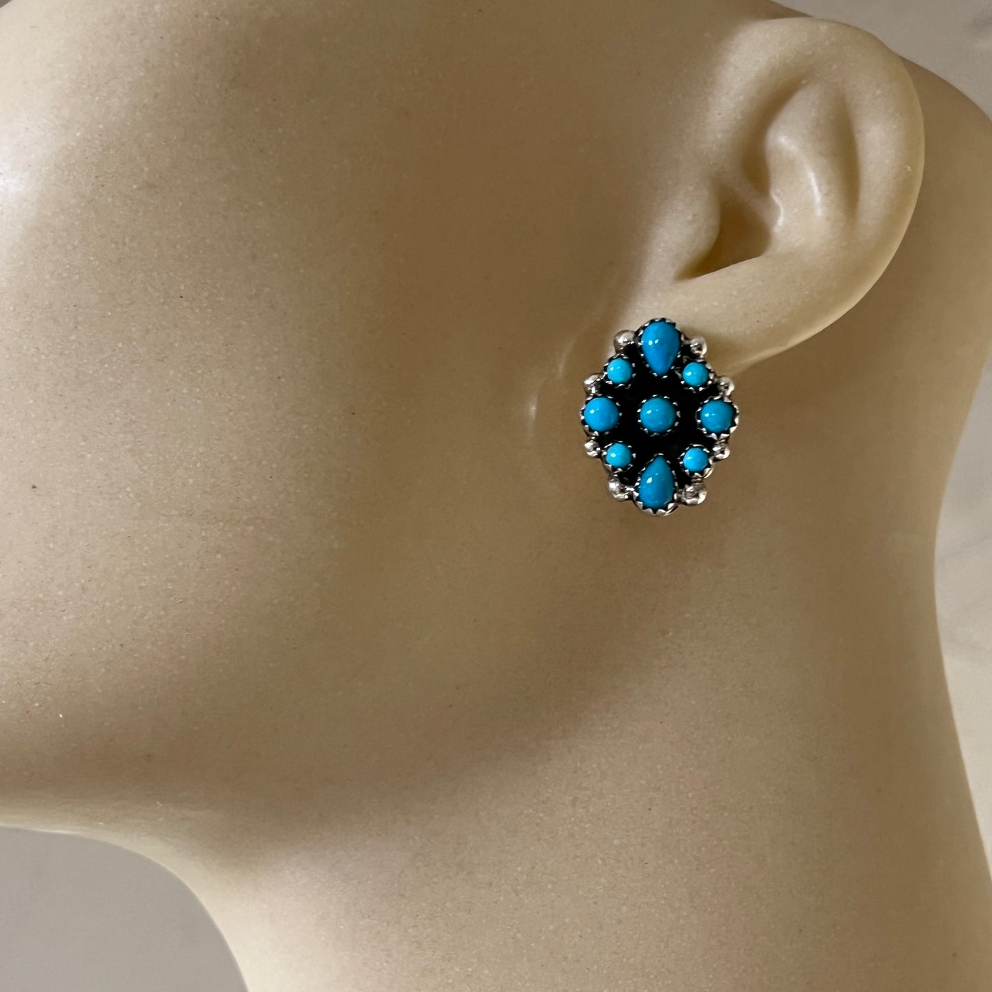 Small Turquoise Cluster Stud Earrings Navajo Tina Jones Sterling Silver