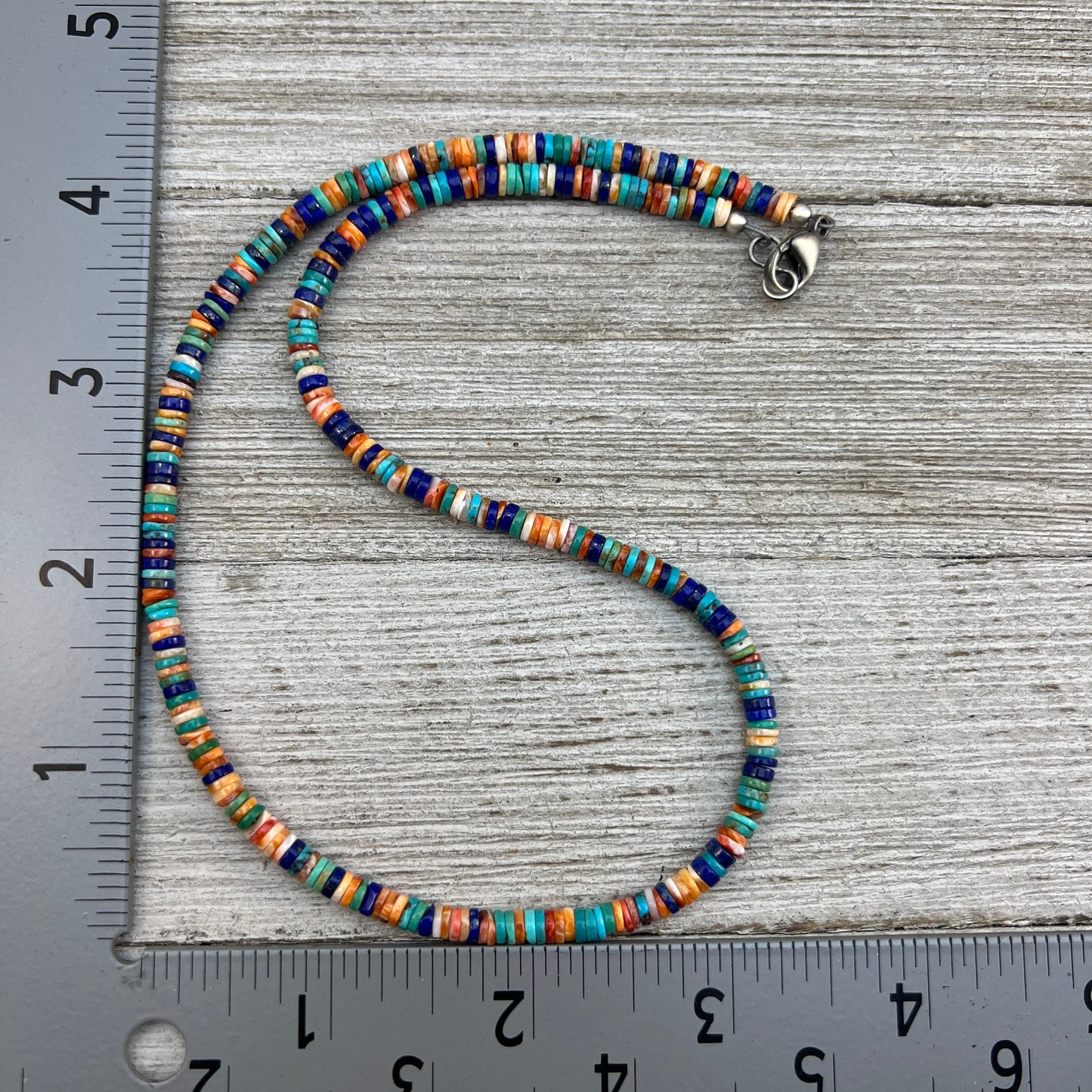 17", 4mm heishi bead necklace choker, blue turquoise lapis red orange spiny oyster shell