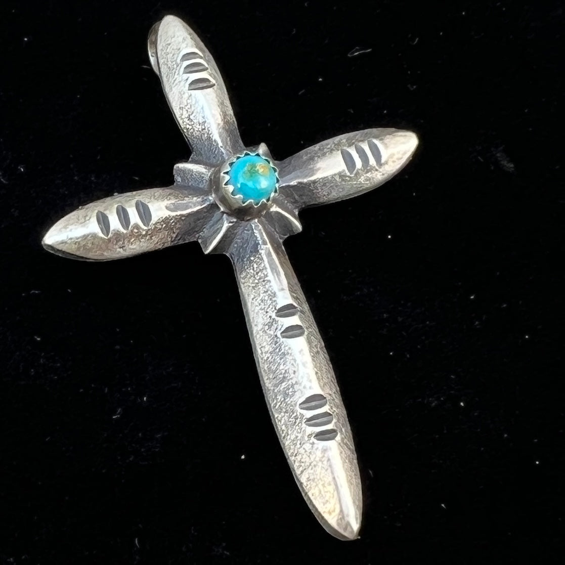 Narrow Turquoise Cross Pendant Sterling Silver Navajo handmade Martha Cayatineto