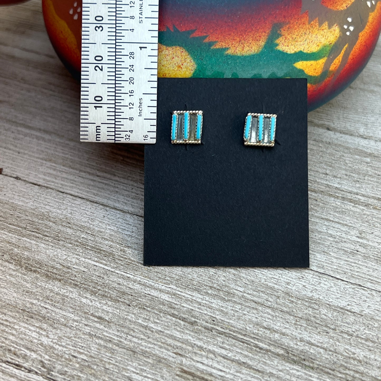 Zuni Needlepoint turquoise simple small square stud earrings sterling silver Ashley Laate