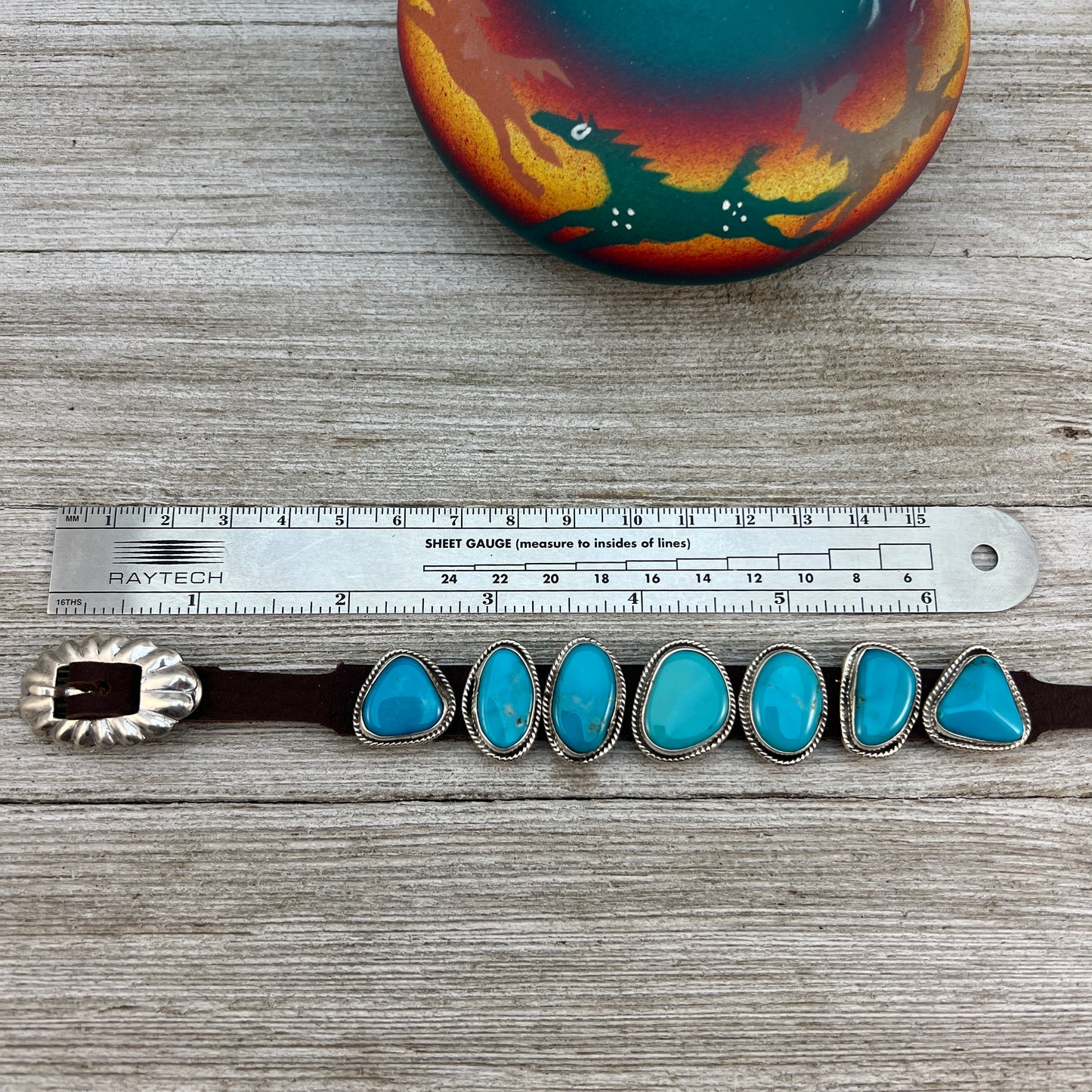 Real Turquoise leather Sterling silver bracelet #2, adjustable Navajo Marlene Ramone