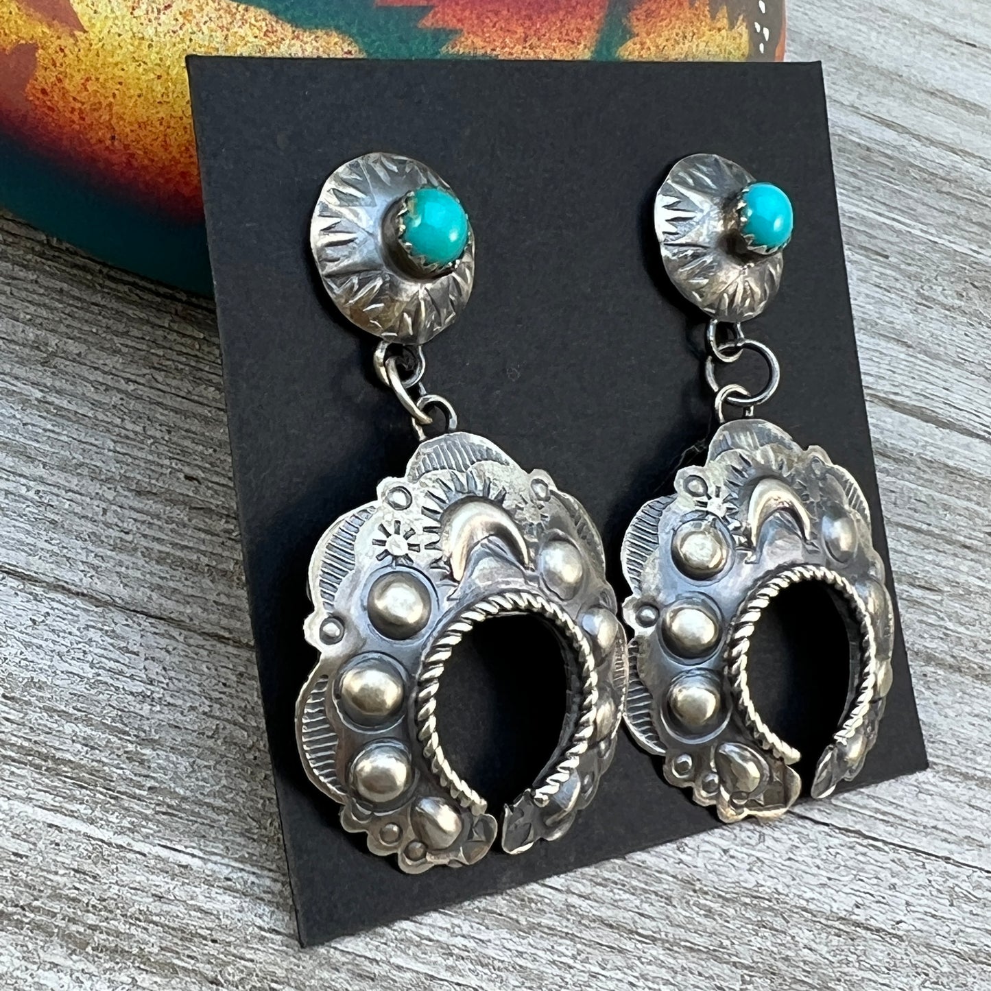 Sterling silver Turquoise Hand stamped naja concho earrings, Navajo Gabrielle Yazzie 4