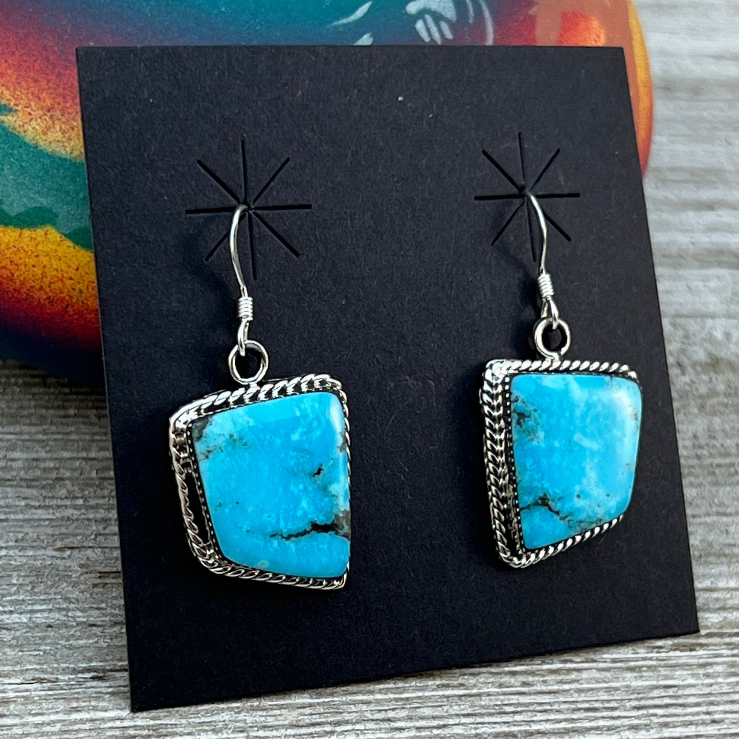 Geometric Blue Turquoise Dangle Earrings sterling silver Navajo Arlene Lewis