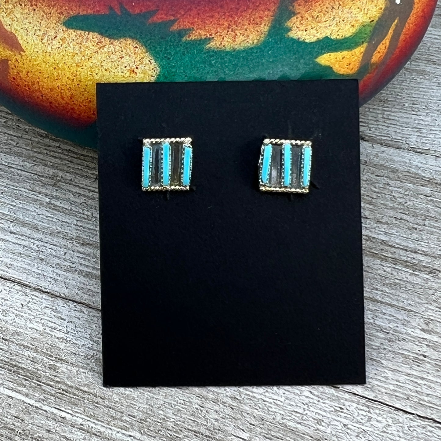 Zuni Needlepoint turquoise simple small square stud earrings sterling silver Ashley Laate