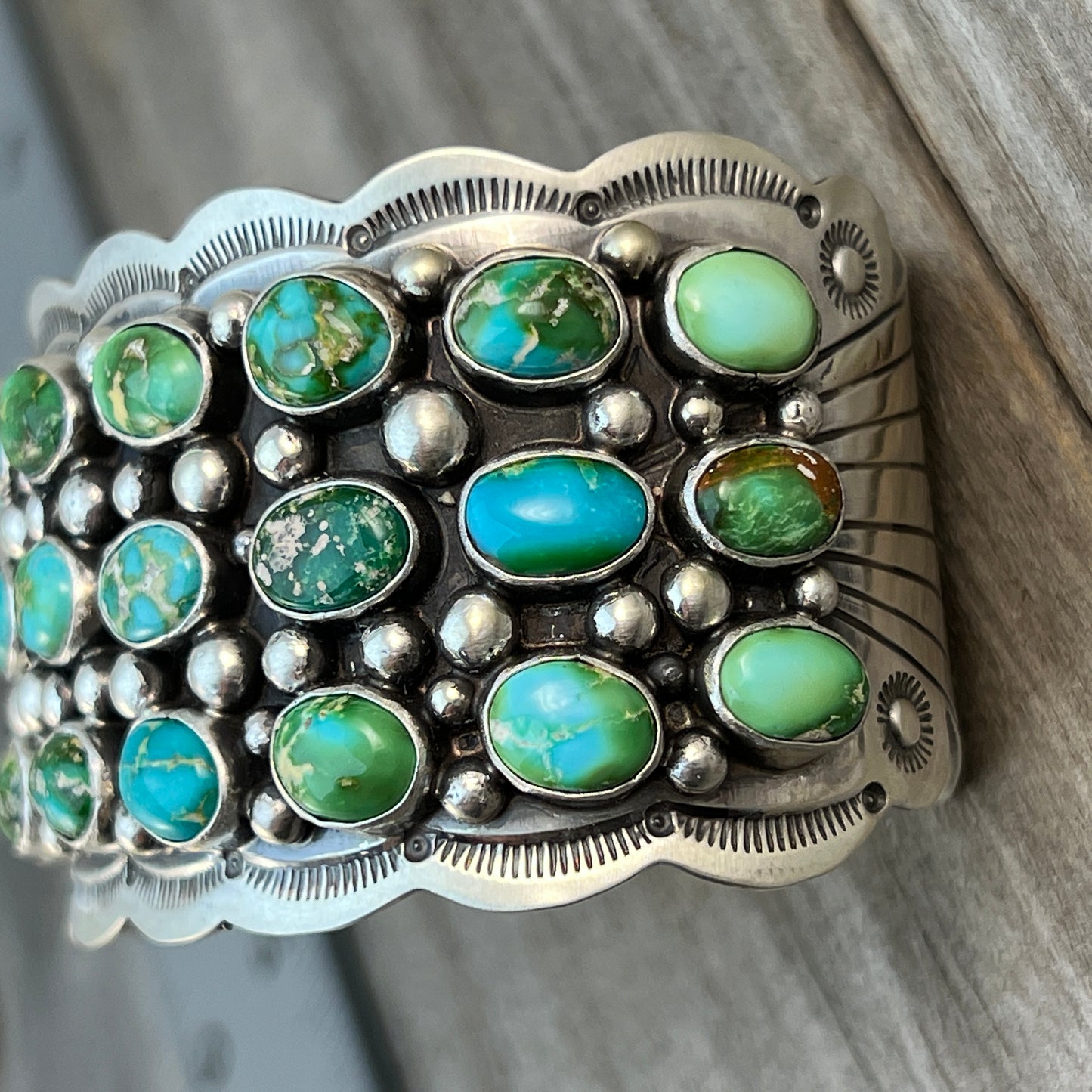 6 3/4" Green Blue Sonoran Turquoise Cuff Bracelet Sterling Silver Tom Lewis 513