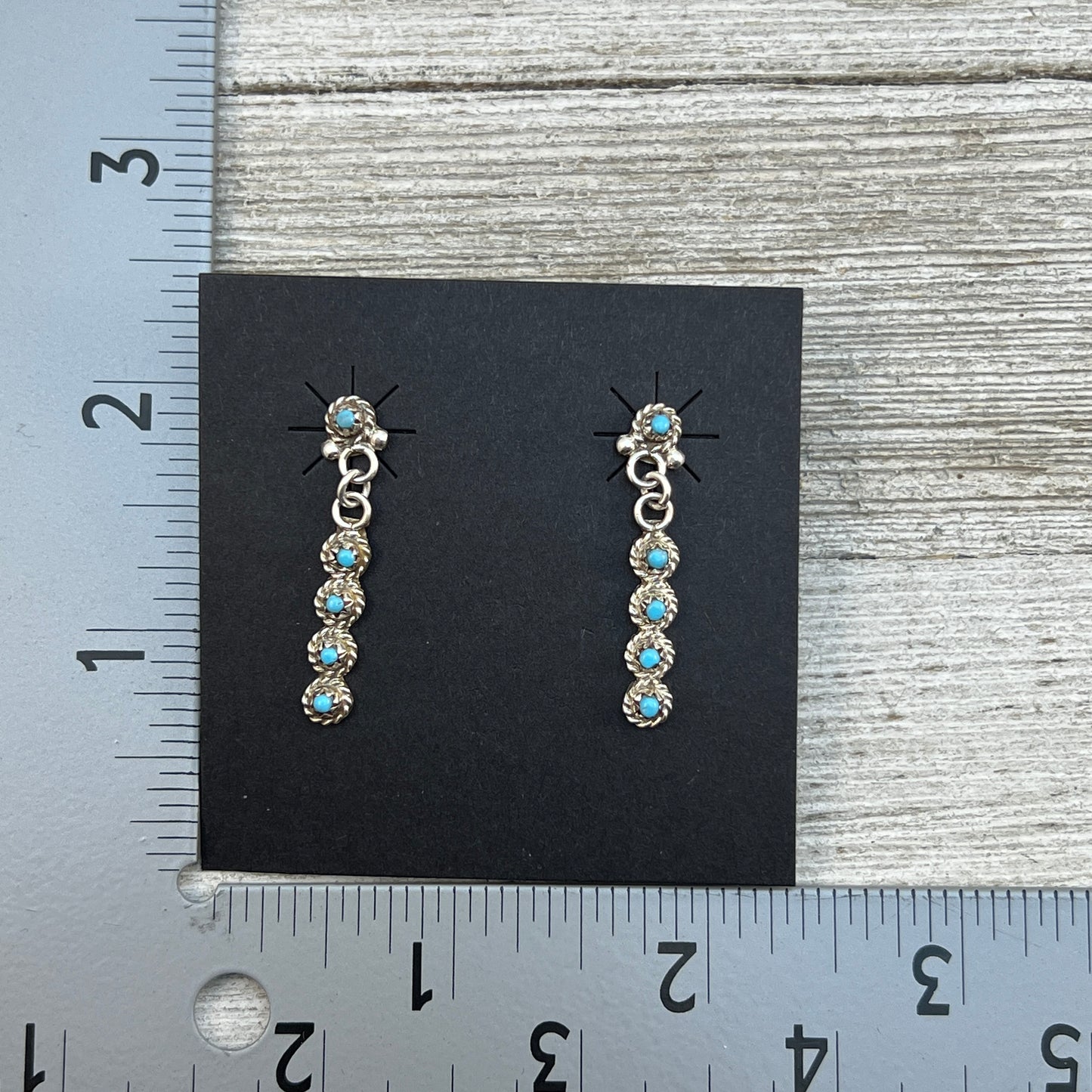 Zuni Turquoise Snake Eye Tiny Dot bar dangle earrings sterling silver Bernadette Nakatewa