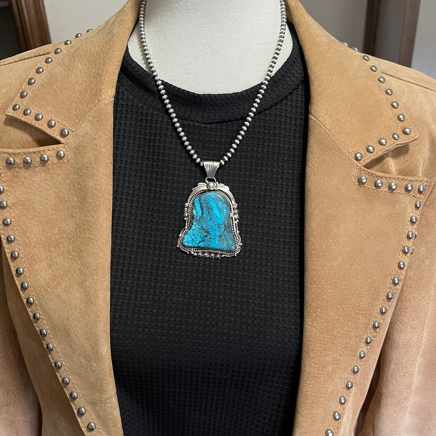Smokey Blue Kingman Turquoise large Pendant Navajo Rita Long Sterling silver