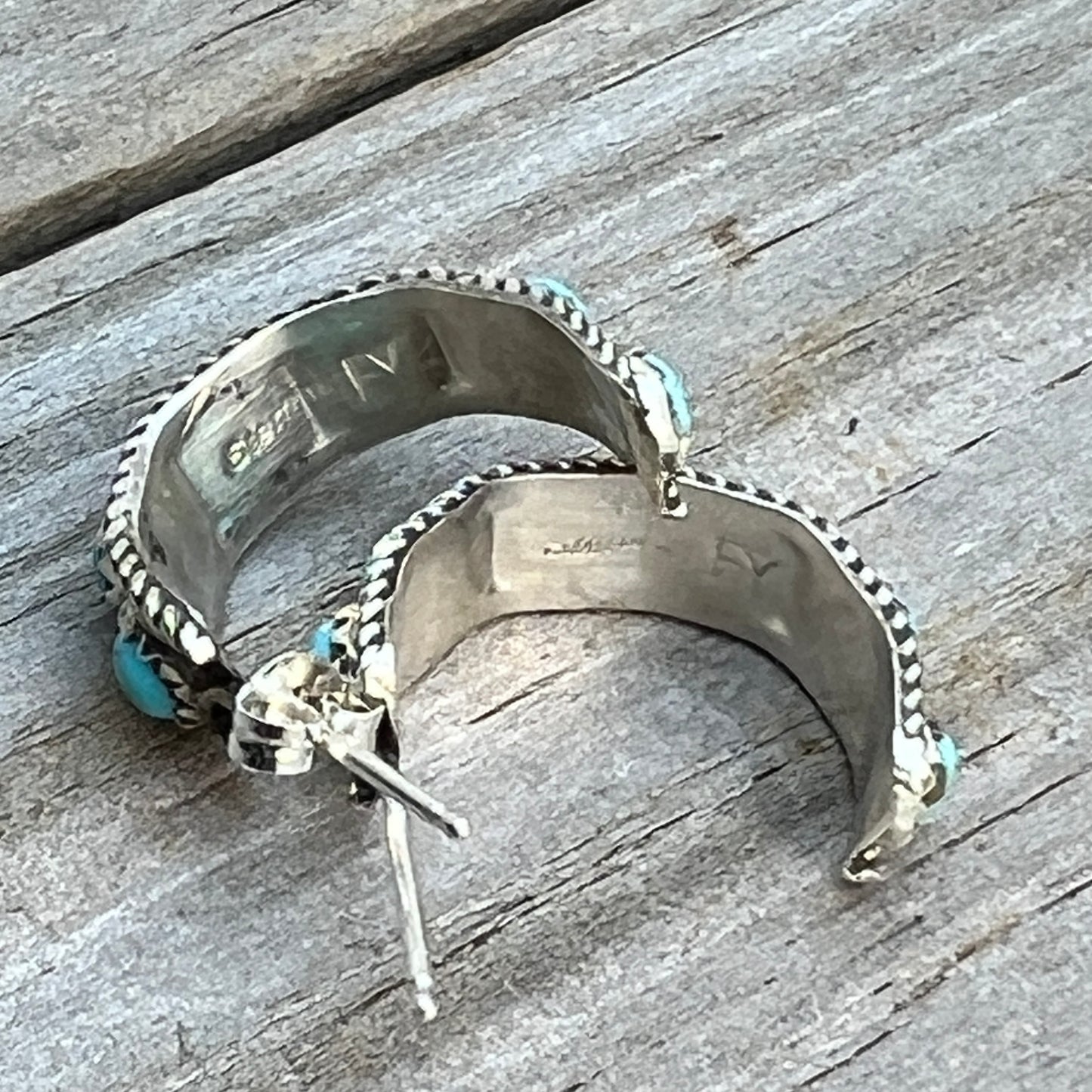 Turquoise snake eye dot 3/4" hoop earrings sterling silver Falencia Yazzie Navajo handmade