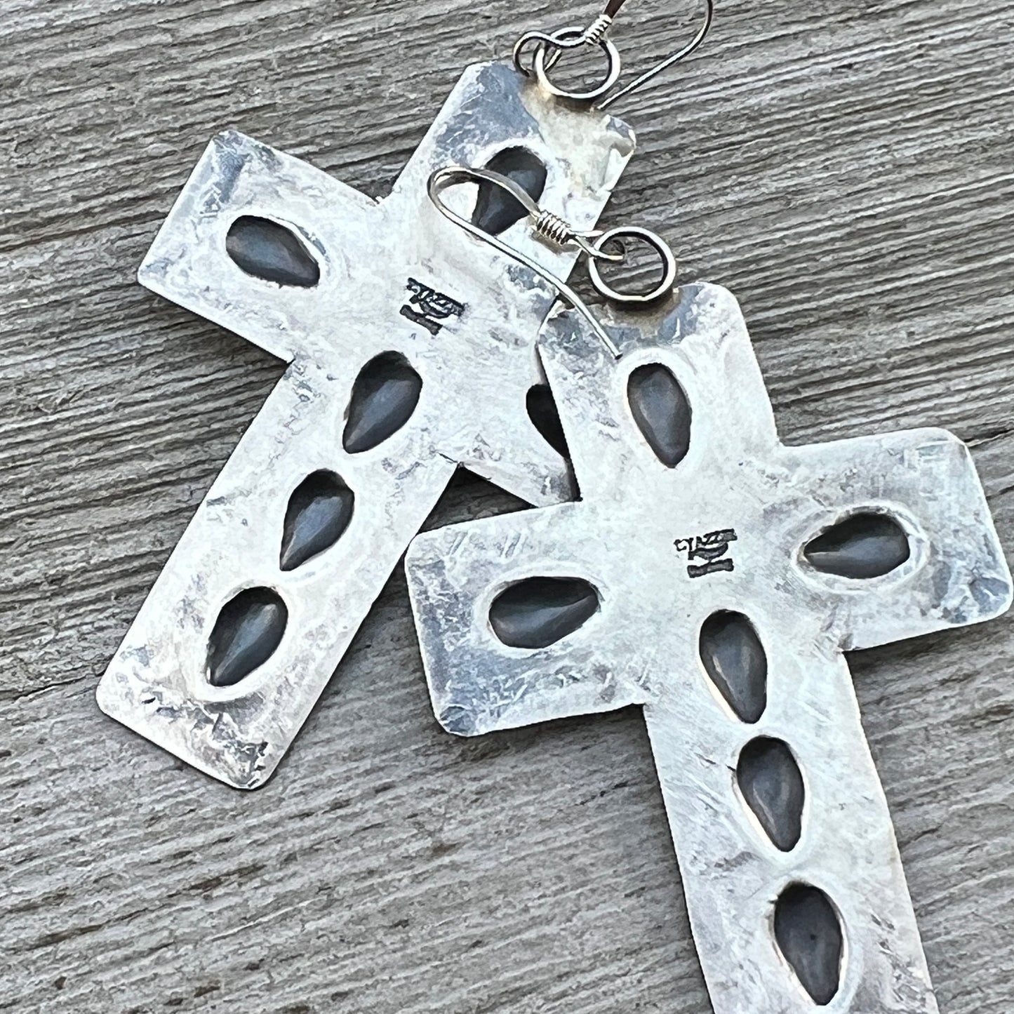 Navajo handmade large cross dangle earrings sterling silver turquoise Tim Yazzie 399