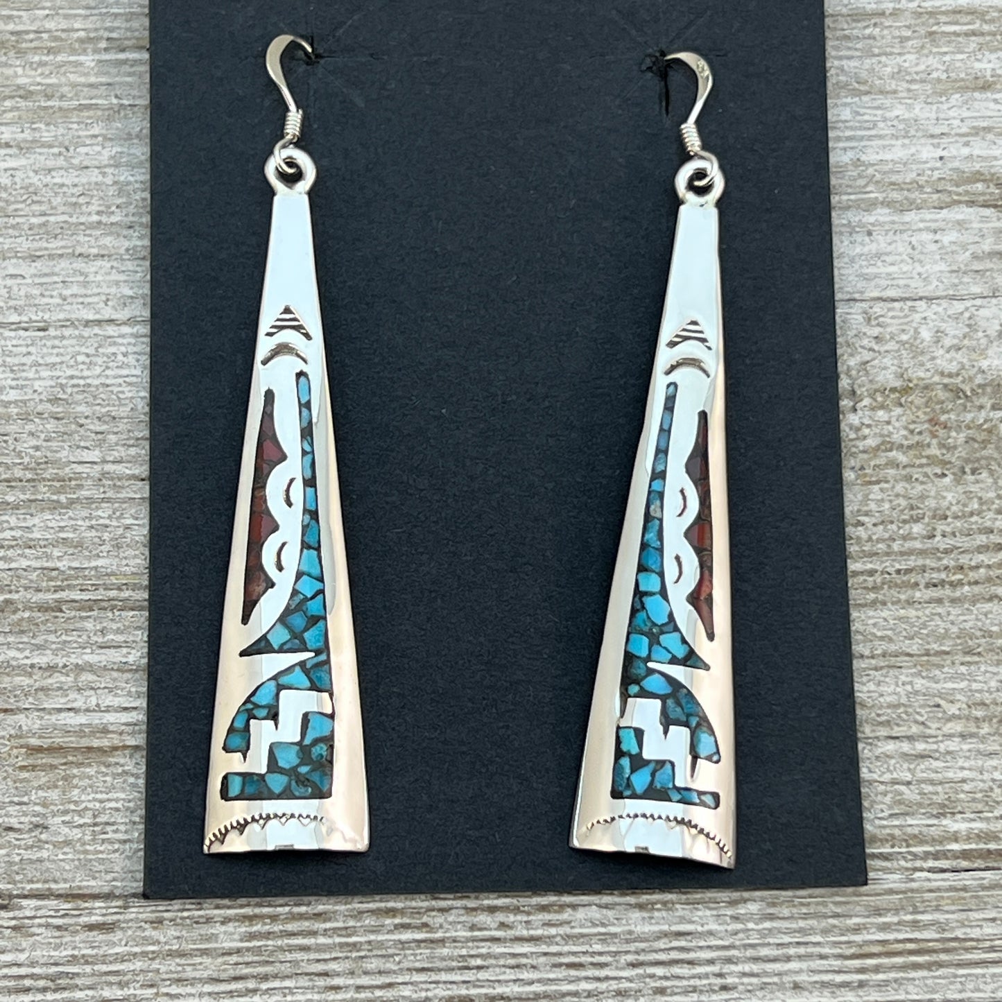 Turquoise coral chip inlay long earrings Navajo handmade signed Jolene Yazzie 3