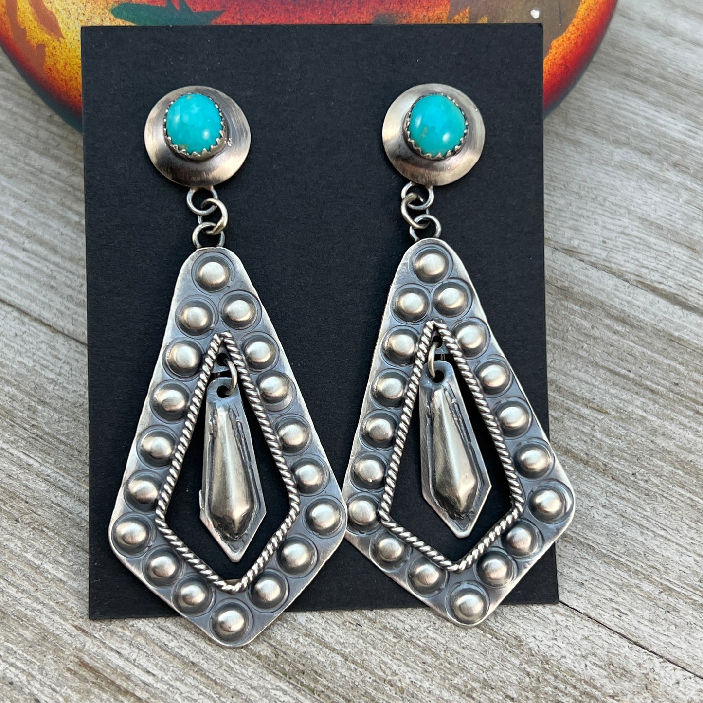 Long Sterling silver Turquoise Hand stamped dangle earrings, Navajo Gabrielle Yazzie 4