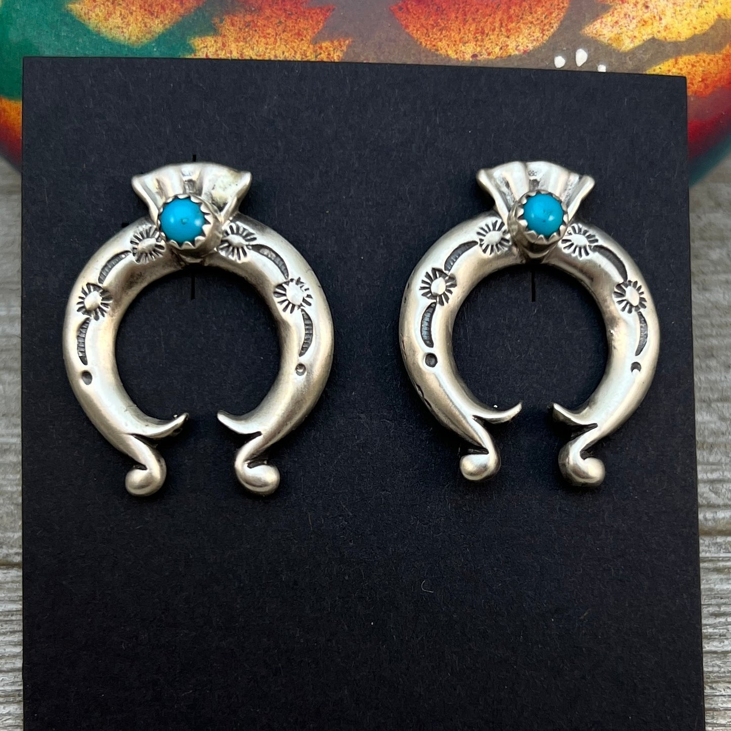 Blue Turquoise Naja stud Earrings Navajo handmade Adrienne Gordan Sterling Silver 1