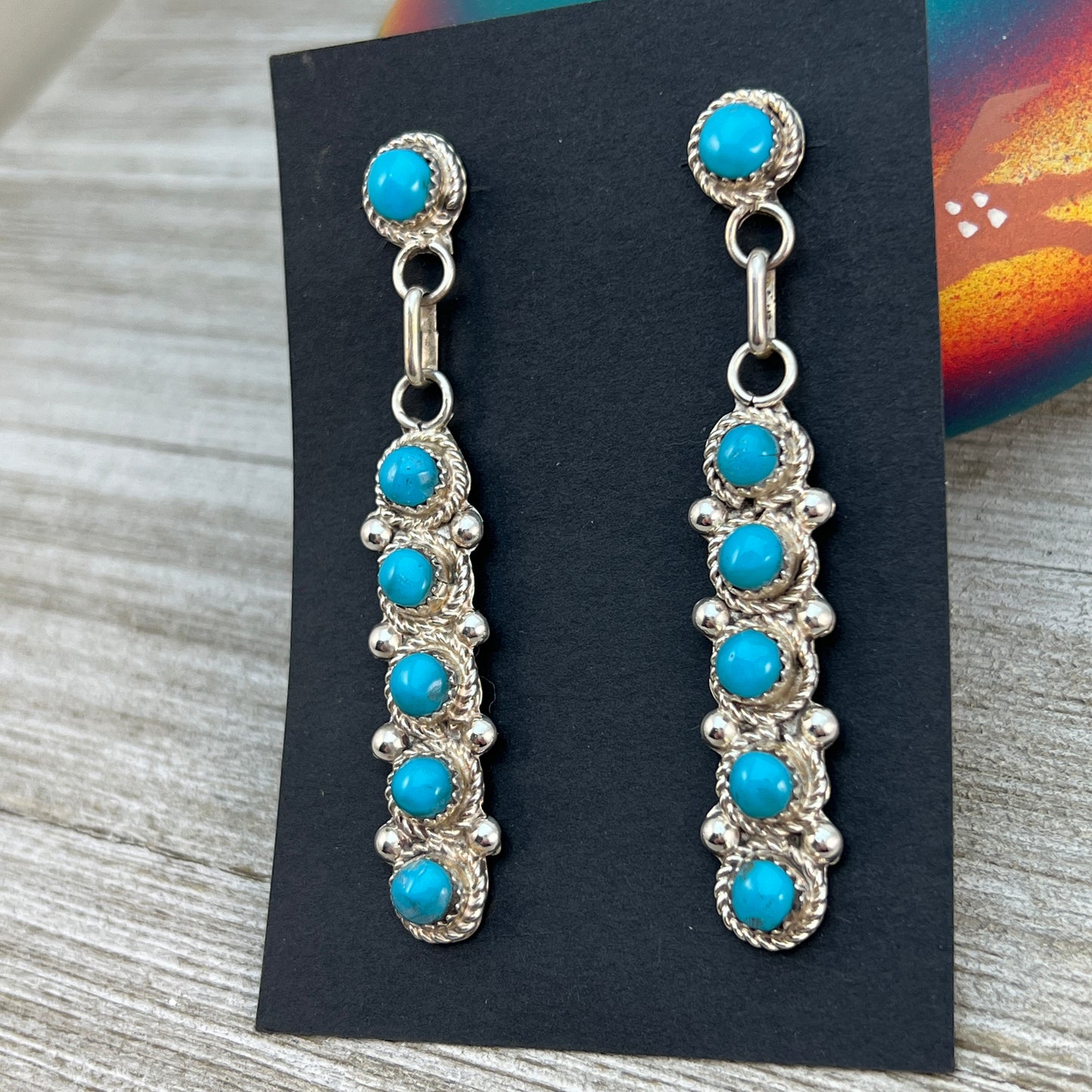 Turquoise Zuni Large Snake Eye bar drop earrings #1, Sterling silver