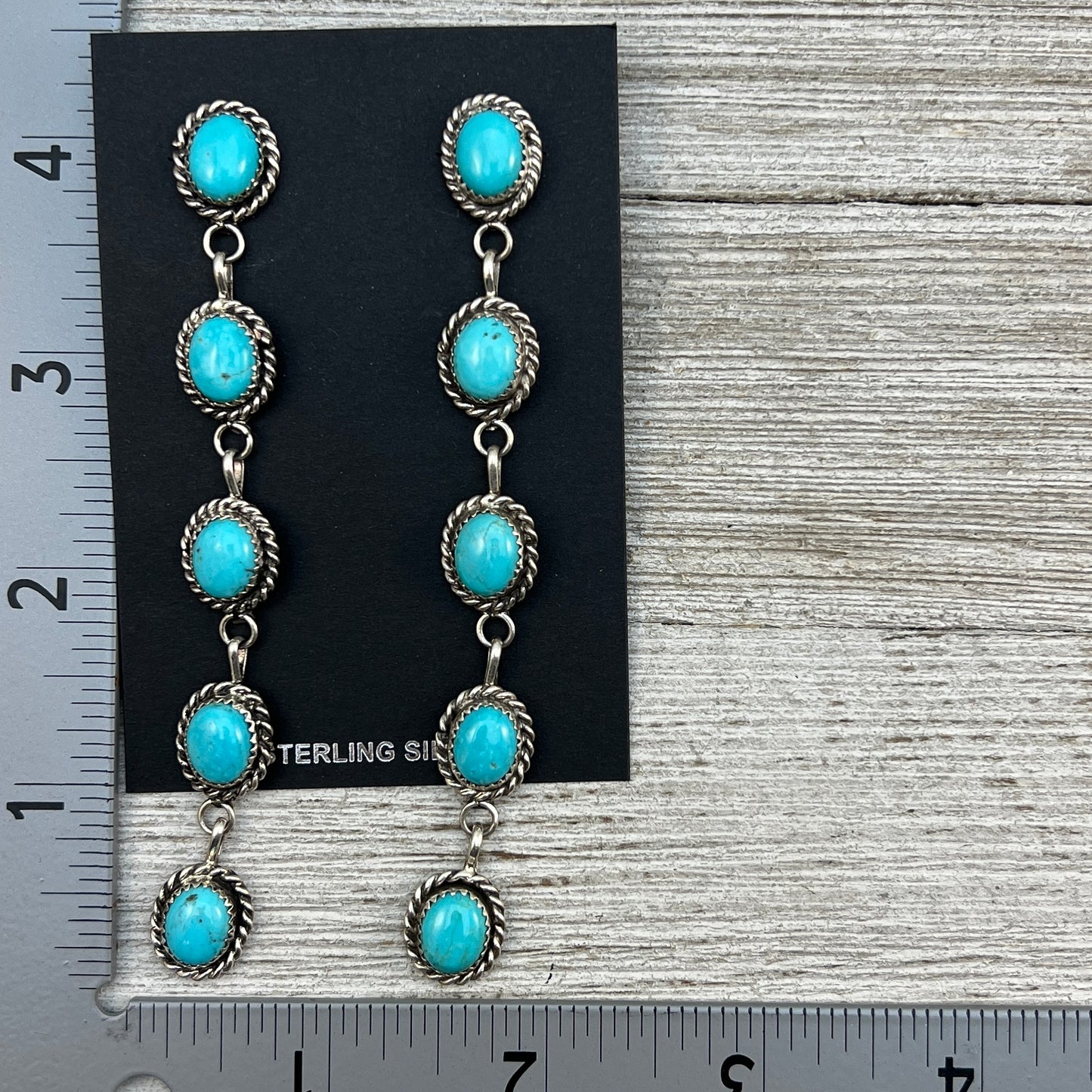 Long Dangle Turquoise stone earrings, sterling silver Boho jewelry Maxine Ramirez