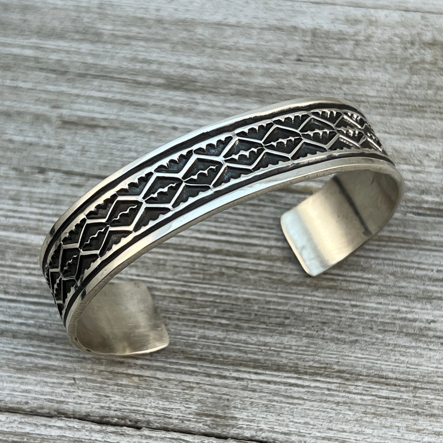 6.5" Sterling silver hand stamped Cuff Bracelet Navajo Leonard Maloney signed boho