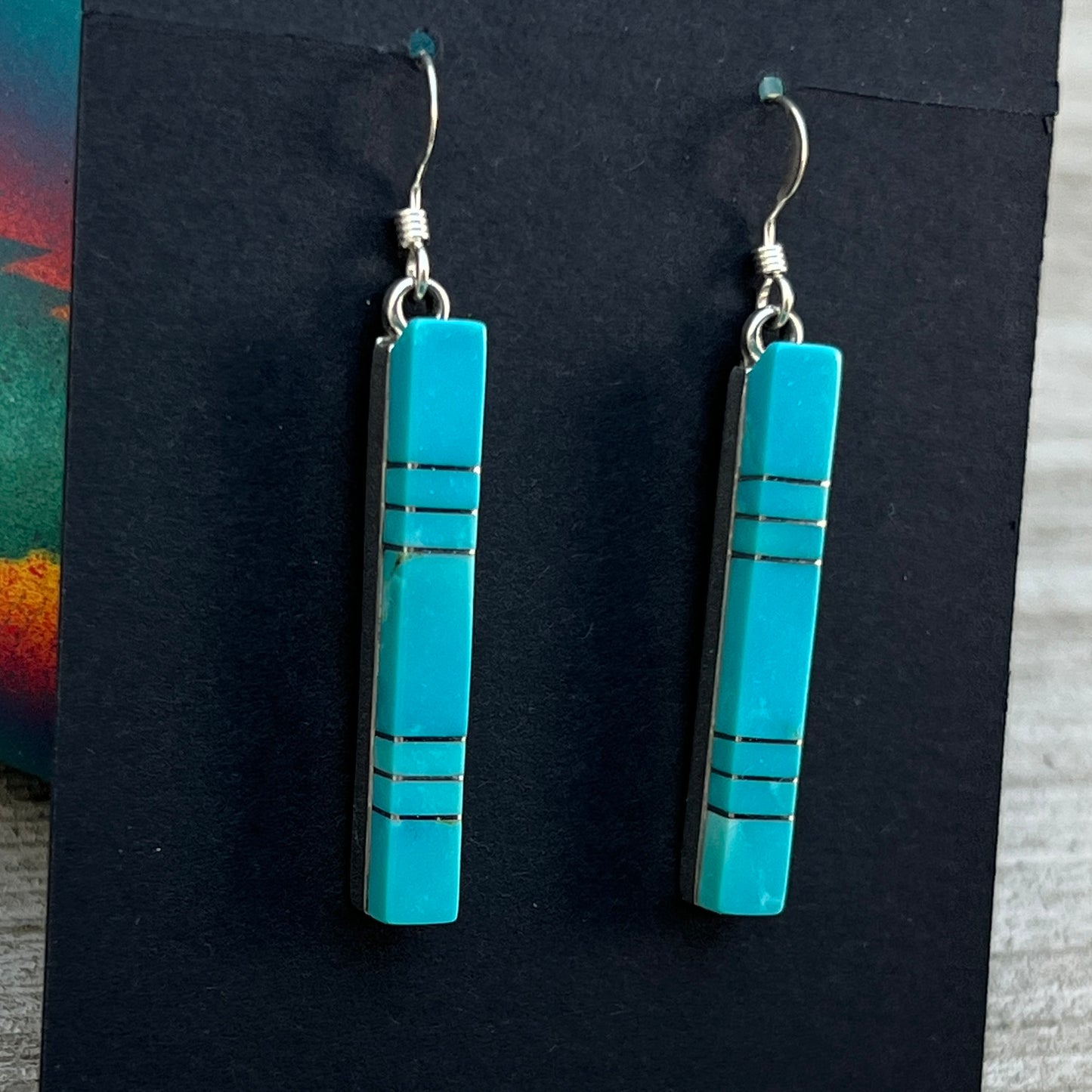 Modern Blue Turquoise inlay bar dangle earrings 4 sterling silver Zuni MaDerral Kallestewa