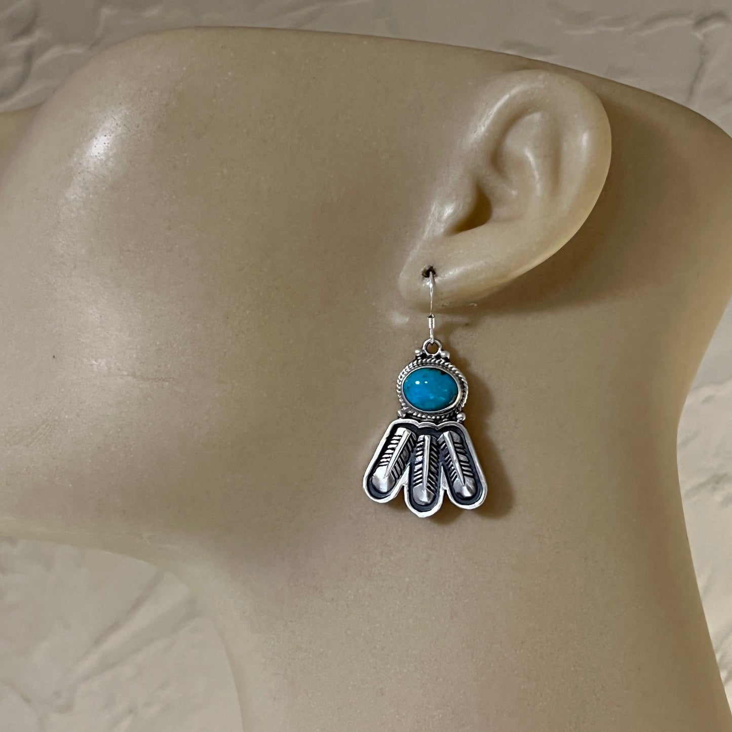 Turquoise feather dangle earrings sterling silver Navajo Sharon McCarthy 453