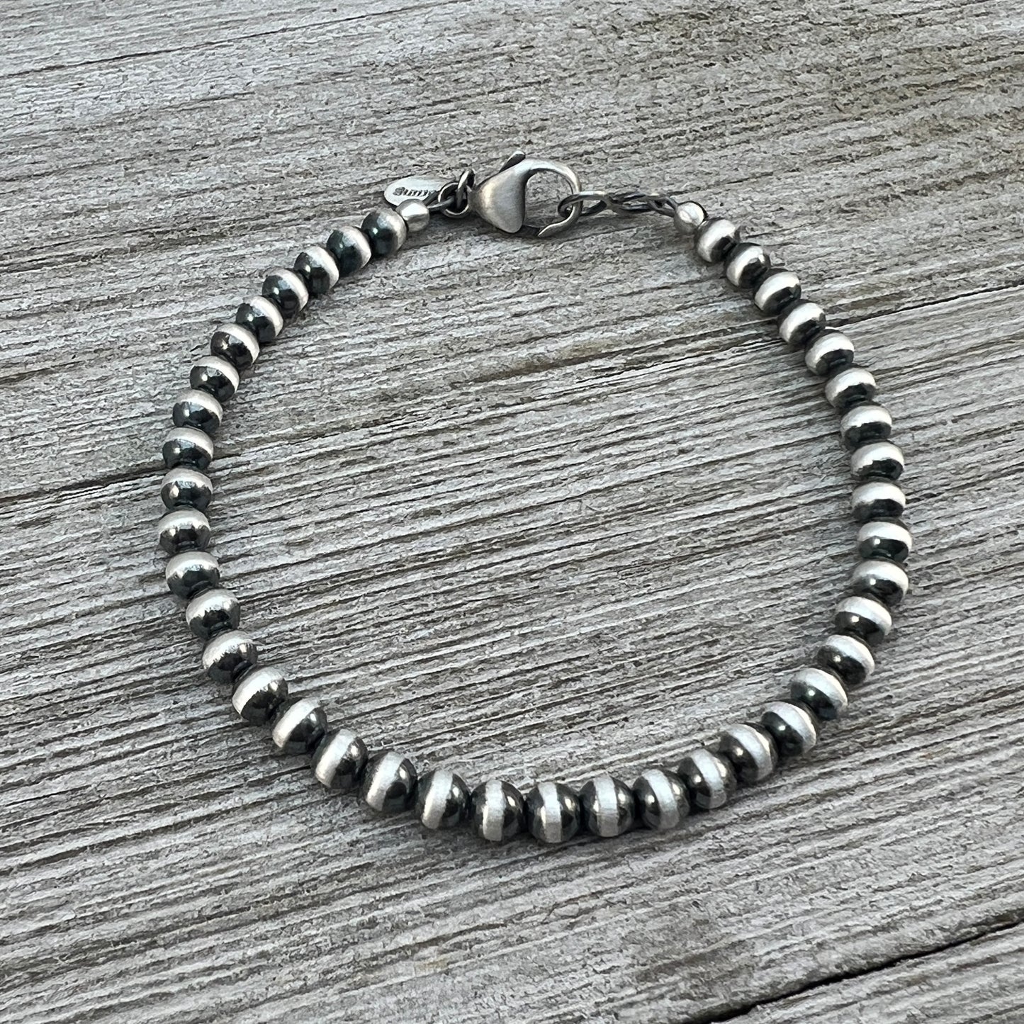 Sterling Silver 4mm Bead Bracelet, Silver pearls boho oxidized ball chain Southwest Jewelry