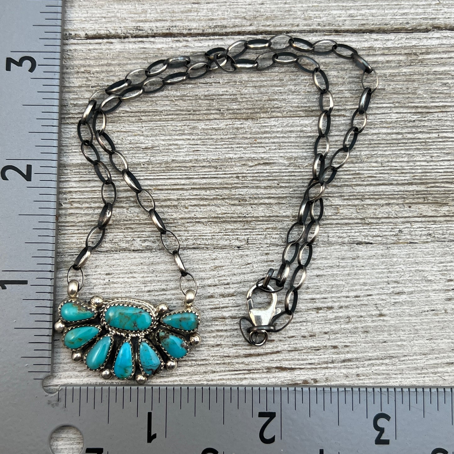 17" Kingman Turquoise half cluster necklace Navajo Alicia Wilson sterling silver