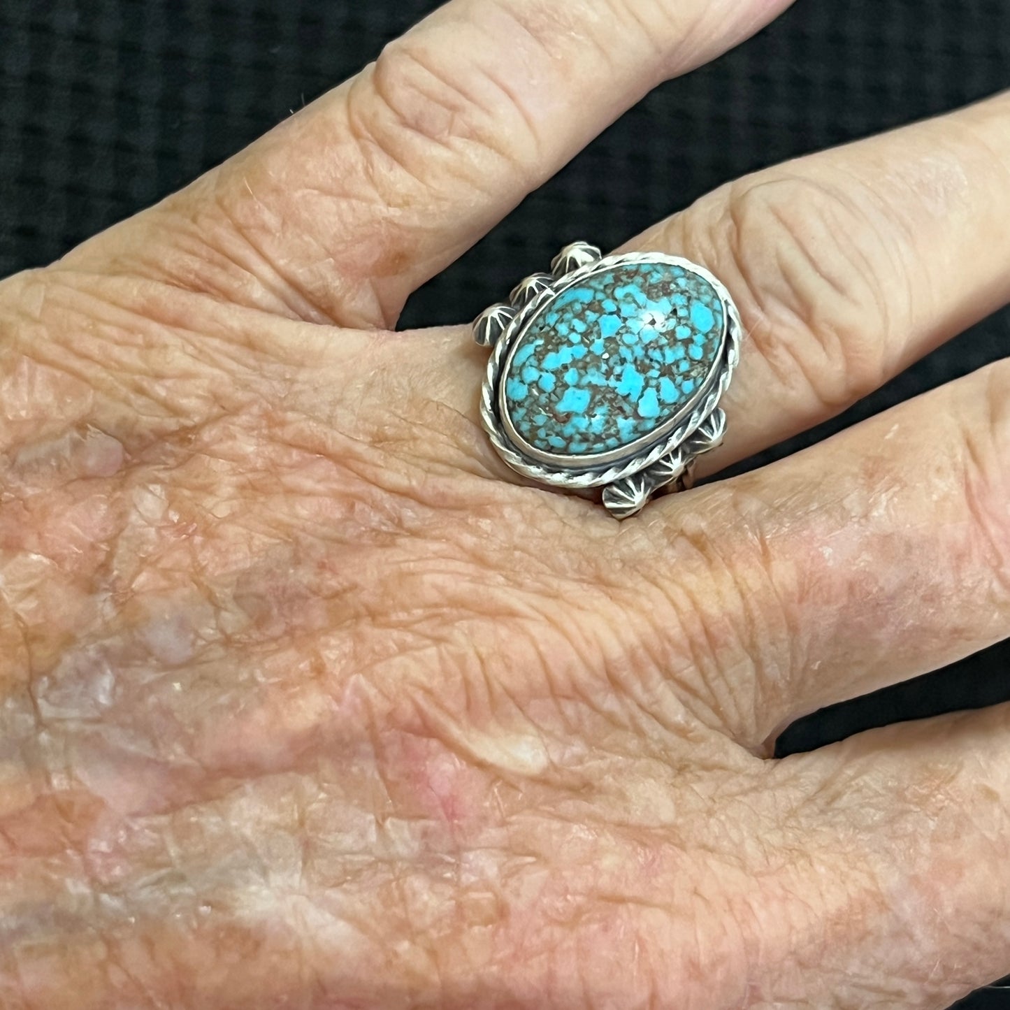 Size 8.5 Spiderweb Kingman Turquoise Sterling Silver Ring Samuel Yellowhair Navajo